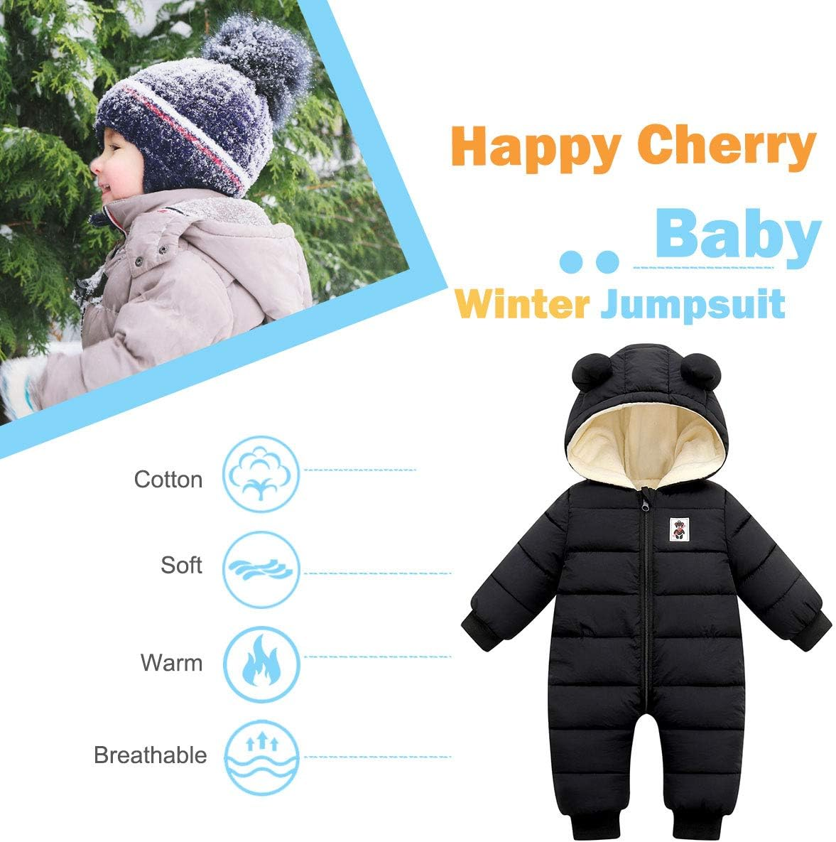 KEOYA Baby Snowsuit Infant Boys Girls Winter Warm Jumpsuit Thick Hooded Bodysuit One Piece Snow Wear Romper image number 5