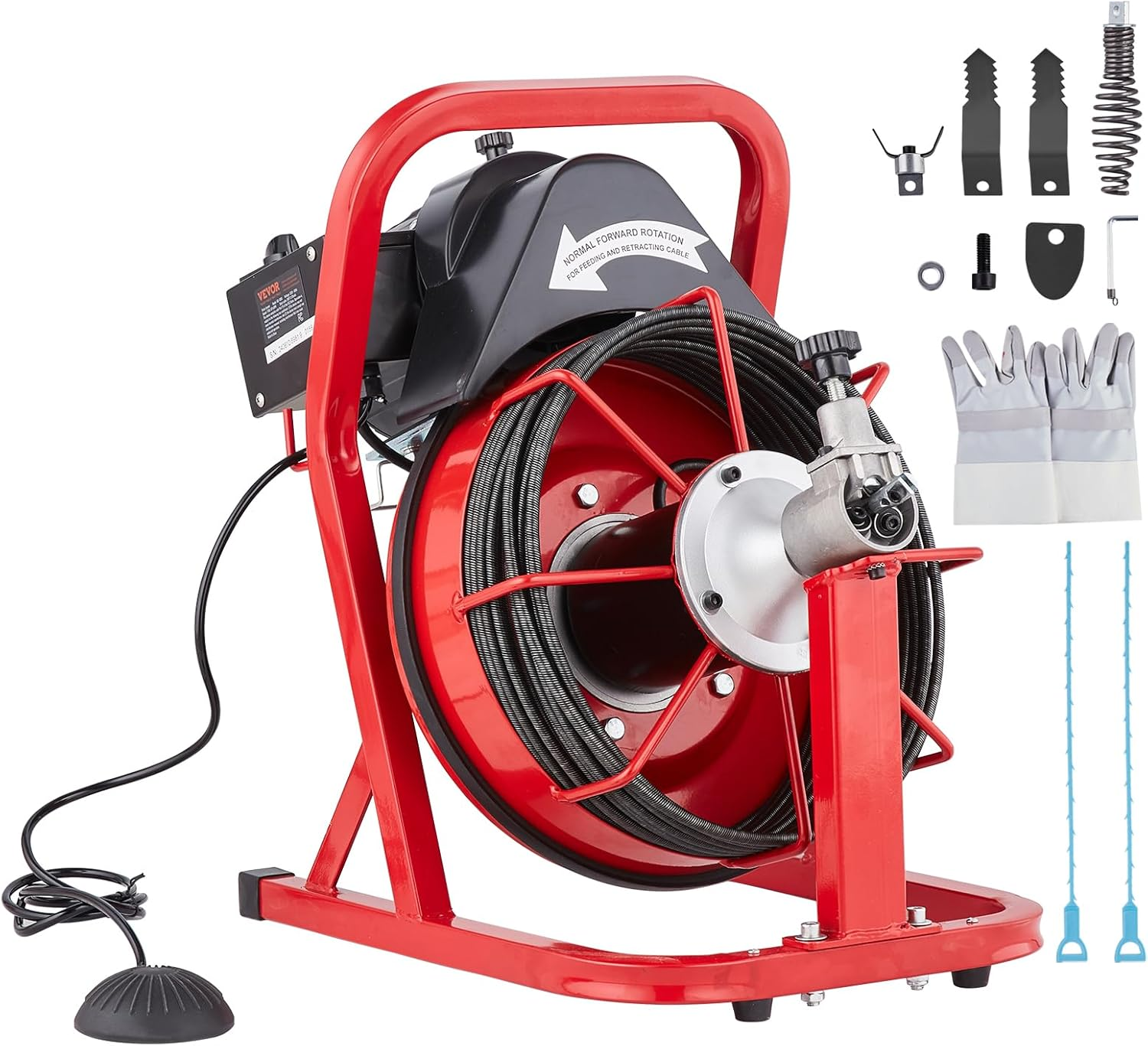 VEVOR Drain Cleaner Machine 50FT X 3/10 Inch, Auto Feed Sewer Snake Auger, 250W Electric Drain Cleaning Machine with 4 Cutters & Air-Activated Foot Switch for 2" to 4" Pipes image number 2