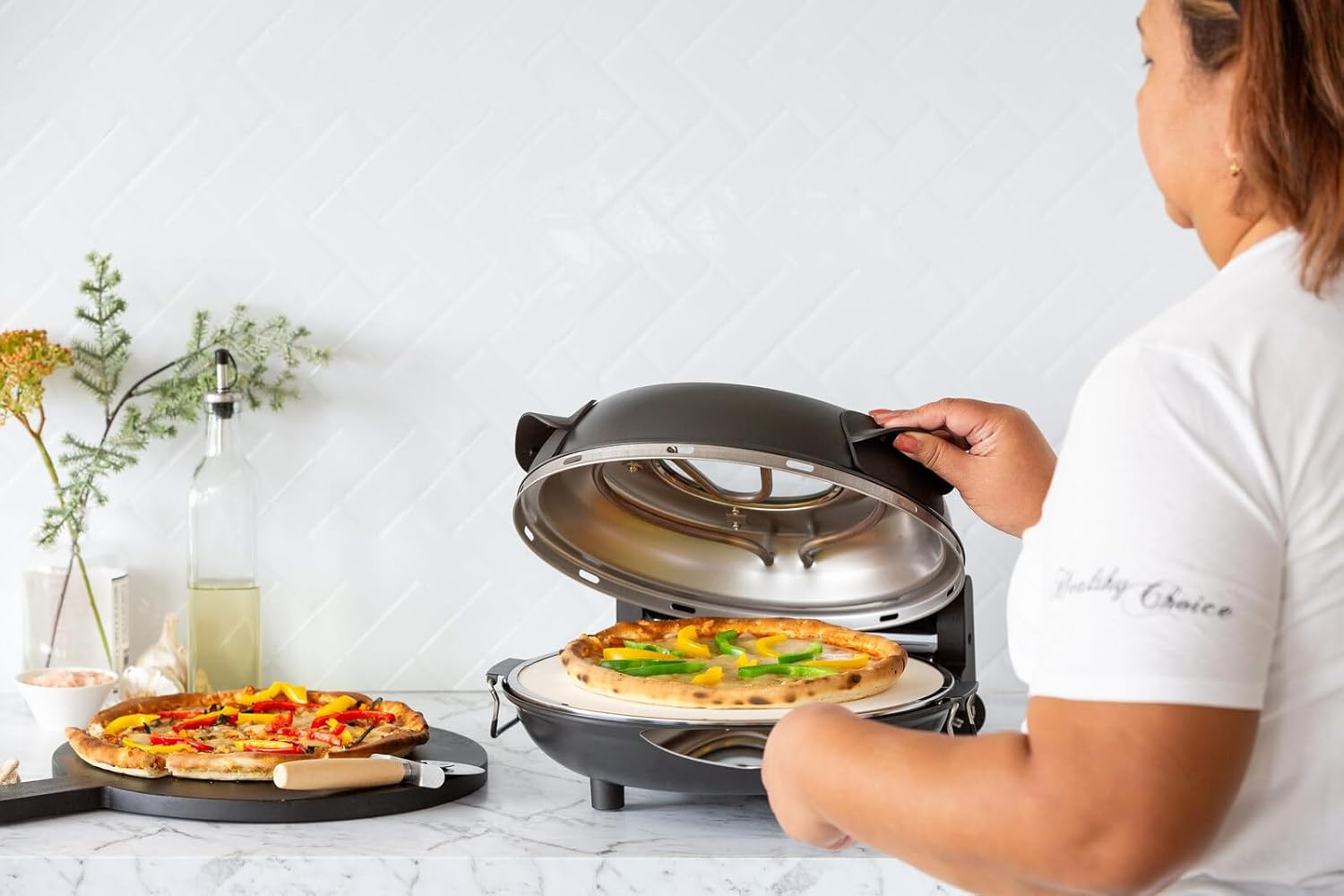 Healthy Choice 12-Inch Pizza Oven &ndash; Thermal Control, Timer, Viewing Window, Removable Stone, Compact Design, Perfect for Homemade Pizza & Baking - Black image number 3