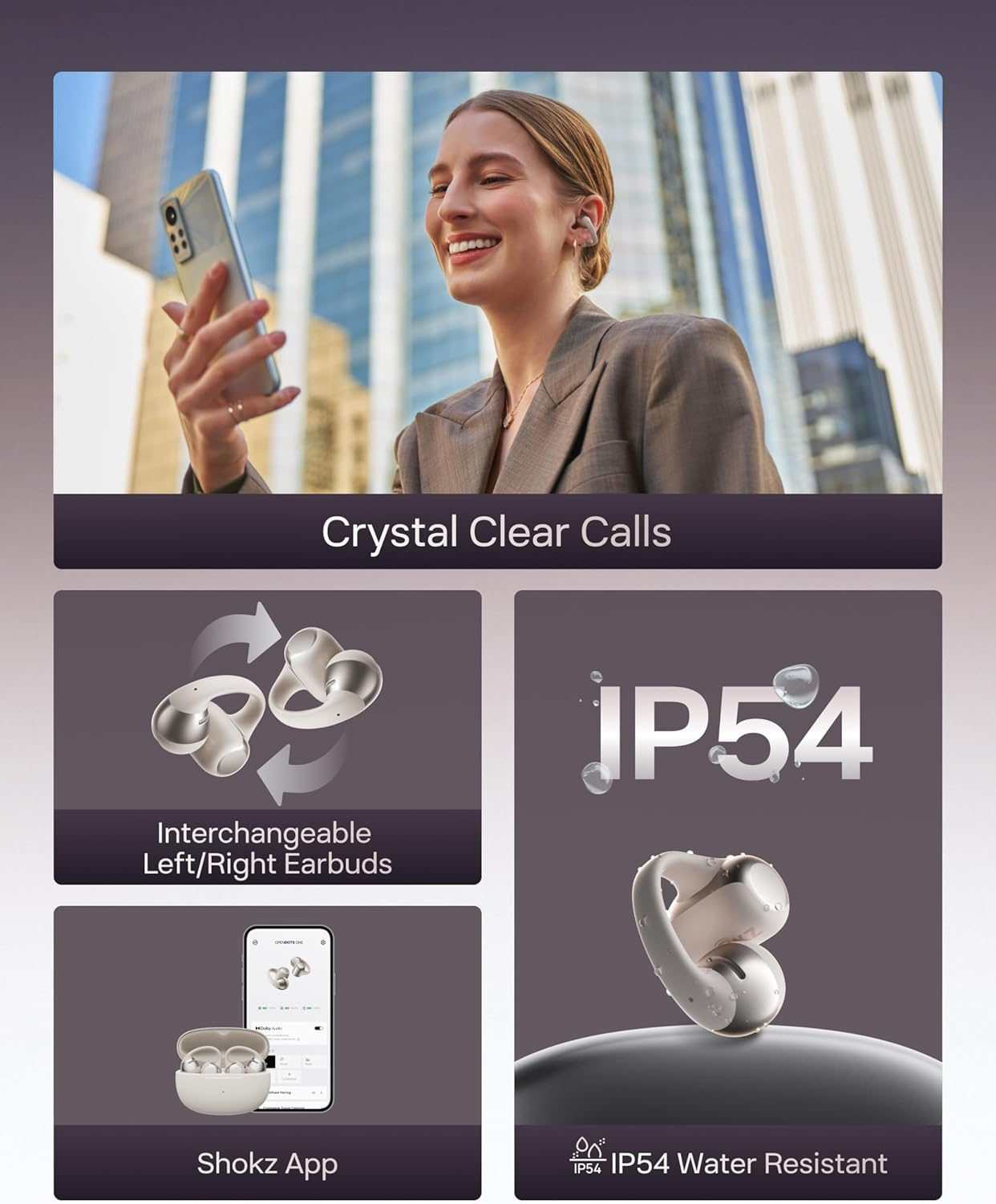 SHOKZ Opendots ONE Open Ear Headphones, Premium Dolby Audio 6.5G Clip on Earbuds Bluetooth 5.4, Wireless Earphones with Mic, Fast Charging 40 Hrs Playtime, IP54, with Cleaning Cloth,For Walking- Grey image number 2