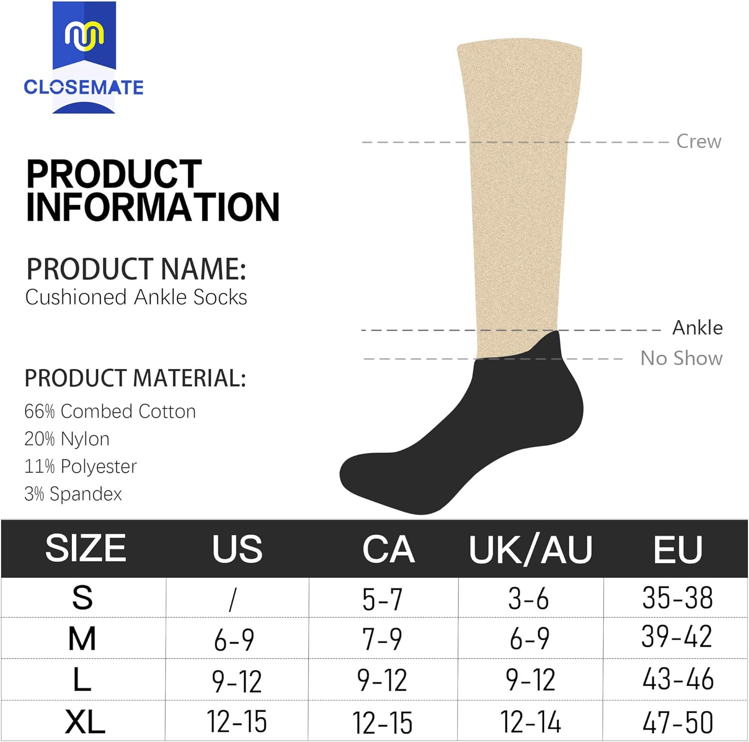 Closemate 6 Pairs Sport Trainer Ankle Socks for Men Low Cut Cotton Cushioned Tab Non-Slip Breathable Athletic Running Socks image number 6