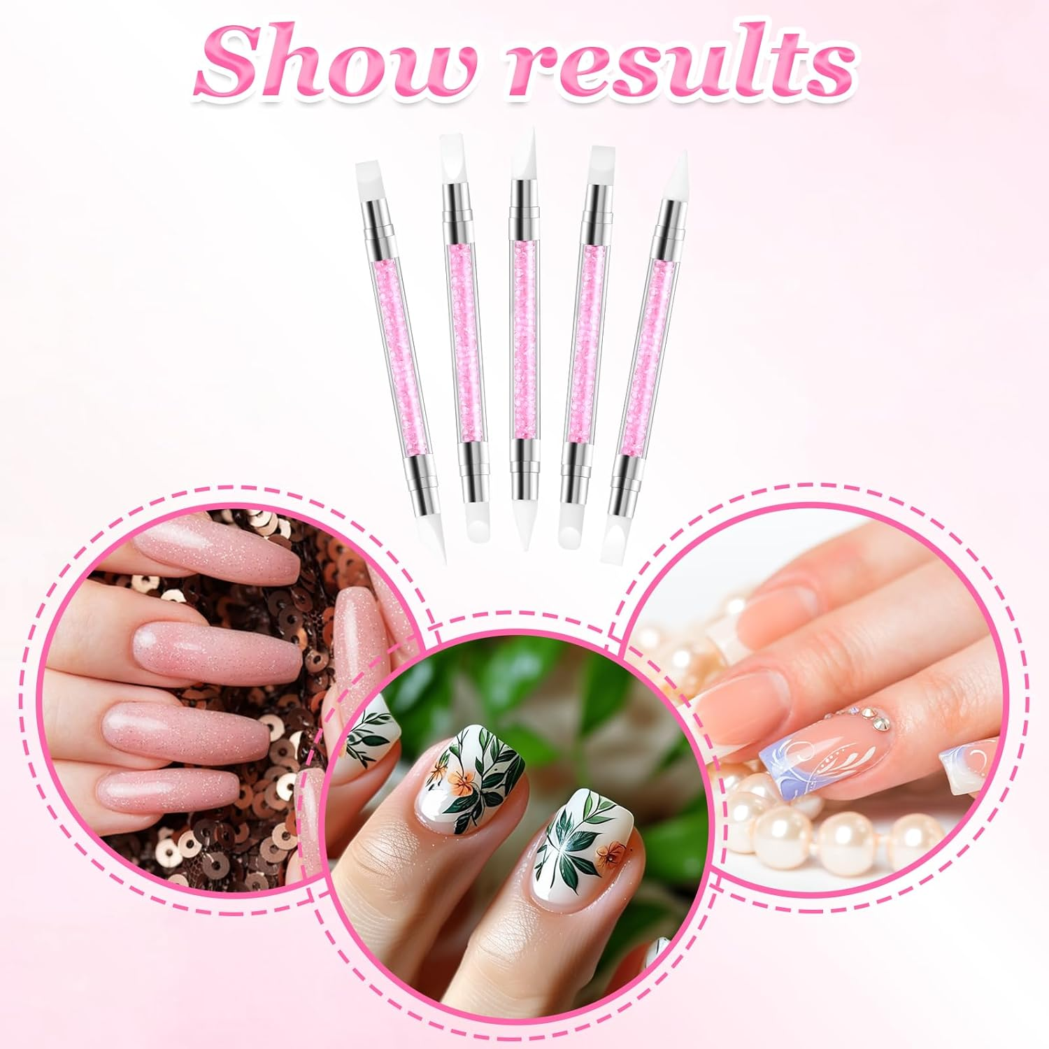 5 Pcs Nail Art Sculpture Pen, Dual Tipped Silicone Nail Tools, Silicone Head Acrylic Handle Nail Art Brushes, Rhinestone Nail Polish Carving Pen, Nail Art Tools for Home Salon (Pink) image number 1