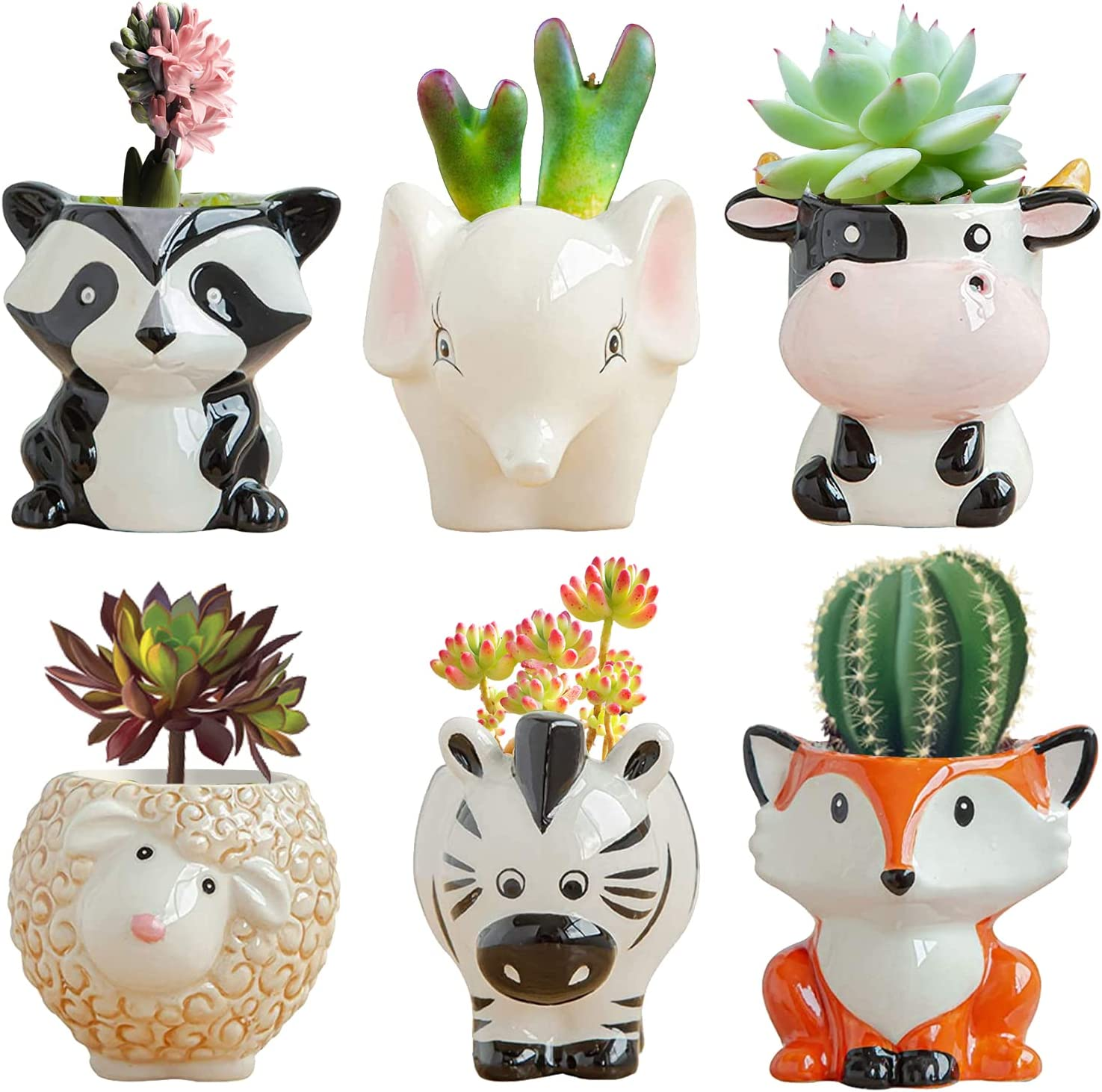 AIWFL Succulents Pots Indoor Plant Pot 6Pcs, Cartoon Mini Pots Ceramic Animal Flower Pot Cactus Succulents Plants Bonsai Pots Decor