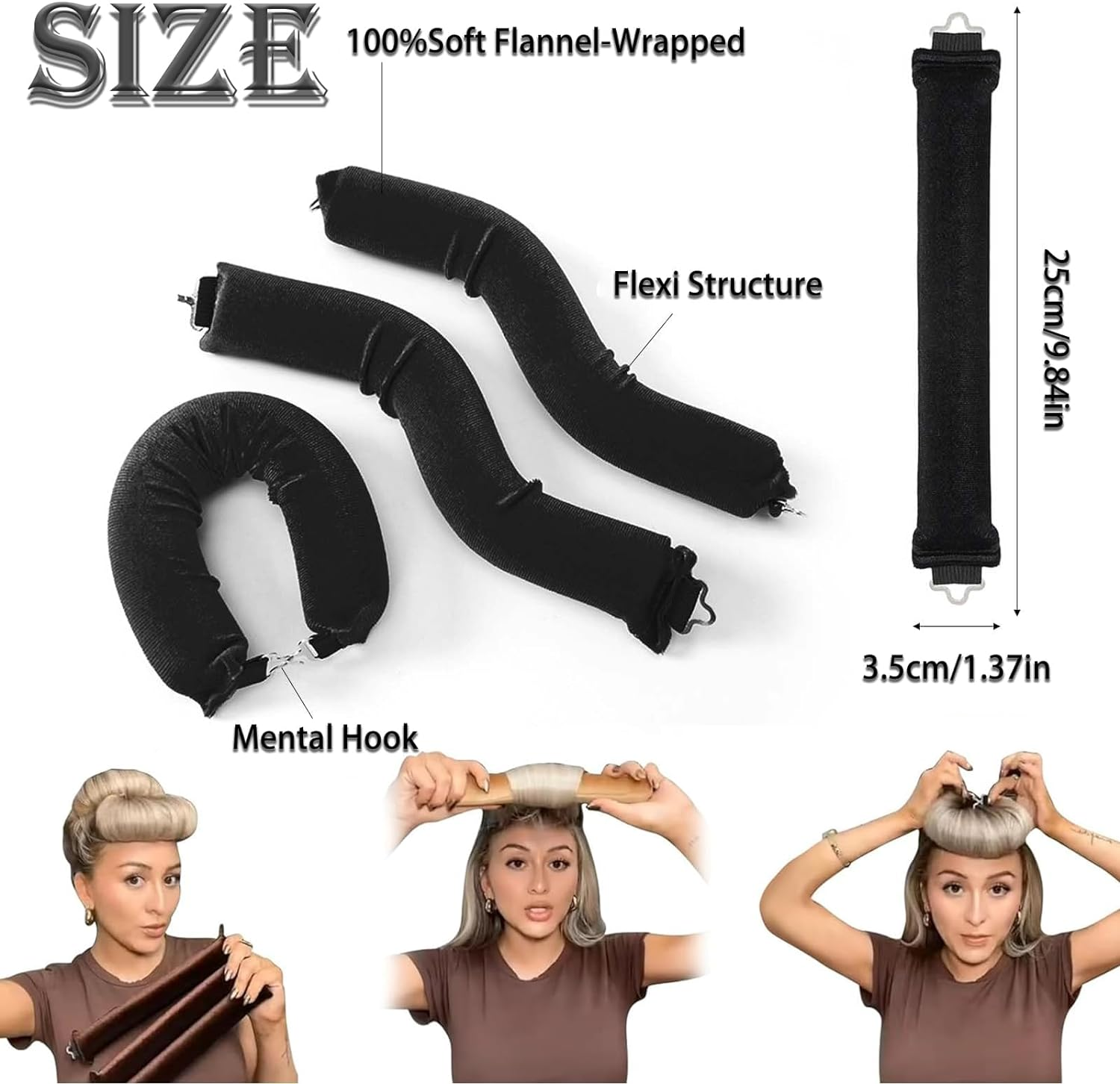 4PCS Heatless Hair Curler, Heatless Curlers Headband, Hair Curlers No Heat for All Hairs Types, Soft Hair Roller for Sleeping, Heatless Curling Set Overnight Curls (Black, 4 Pack (Without Silk Head Scarf)) - Black image number 6