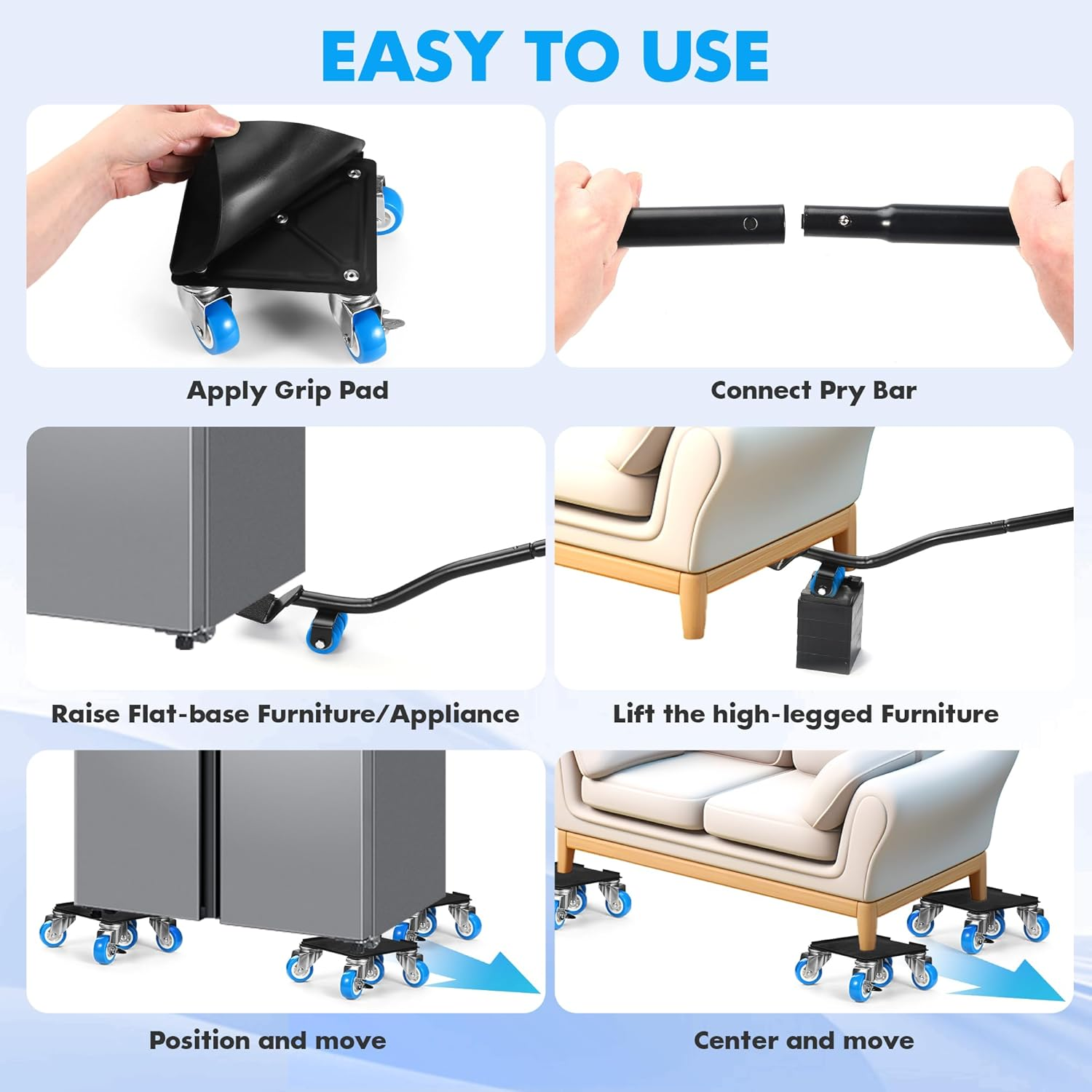 Heavy Duty Furniture Moving Tool Set, Supports up to 500 KG, 5 Wheel Metal Furniture Dolly, Appliance Sliders with Wheels, Furniture Lifter Tool (Blue, 16 CM *16 CM)