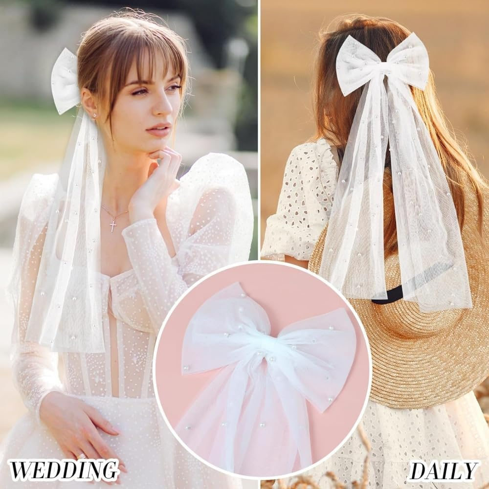 2Pcs Bridal Pearl Bow Veil, Large Hair Bow with Barrette Hair Clip,Wedding Short White Veil Barrette, Bride Accessories,Bridesmaid for Girls Women Wedding Party,Bachelorette Party,Decorations