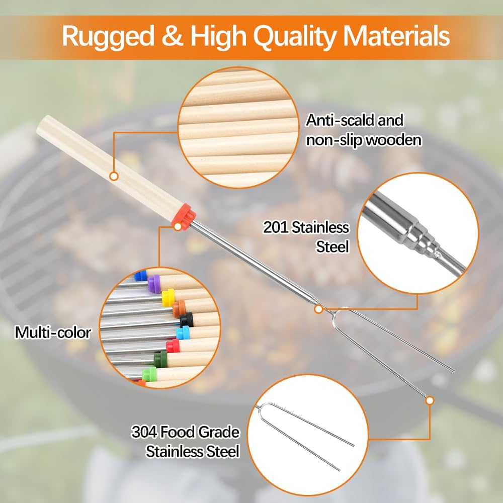 12 Pcs Marshmallow Roasting Sticks, Fire Pit Long Smores Kit 32 Inch, Metal Smores Sticks & Hot Dog Forks Skewers with Wooden Handle for Campfire Camping BBQ Cooking Bonfire Accessories image number 1