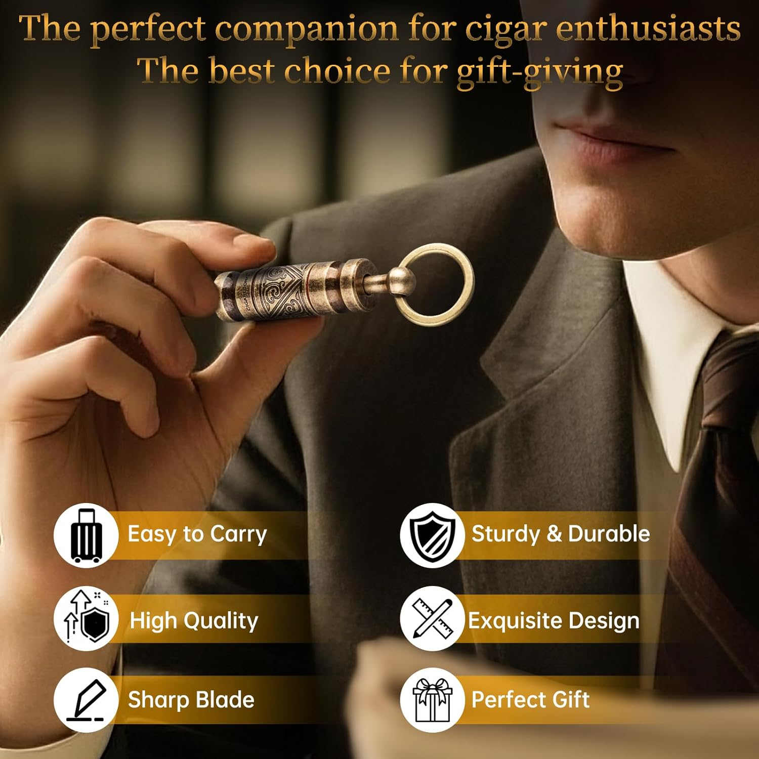 CIGARLOONG Cigar Punch Retractable and Screw Out Punch-2 Size Blades Cigar Hole Opener-Smoking Accessories with Gift Box(Color:Gold) image number 2