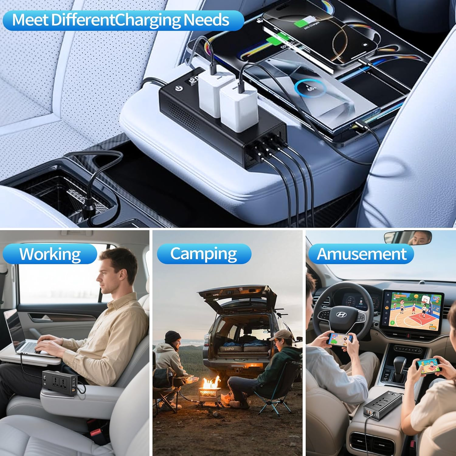 200W Car Power Inverter, DC 12/24V to 230V AC, 6-In-1 Car Socket Adapter with 20W USB-C and QC 3.0 (36W) with LED Display for Cars, Suvs, Etc. image number 2