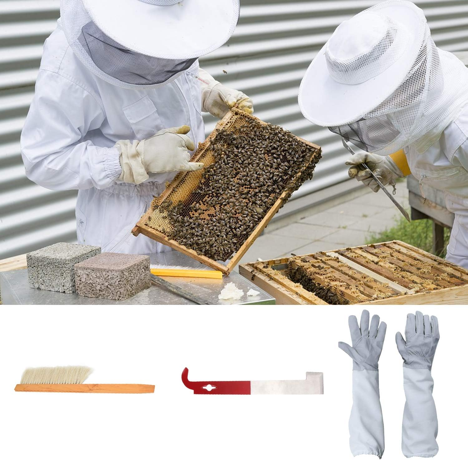 Beekeeping Suit Bee Jacket Beekeeping Gloves Protective Sleeves Beehive J Hook Hive Tool Bee Hive Brush for Beekeeper Supplies Hive Tool Set image number 4