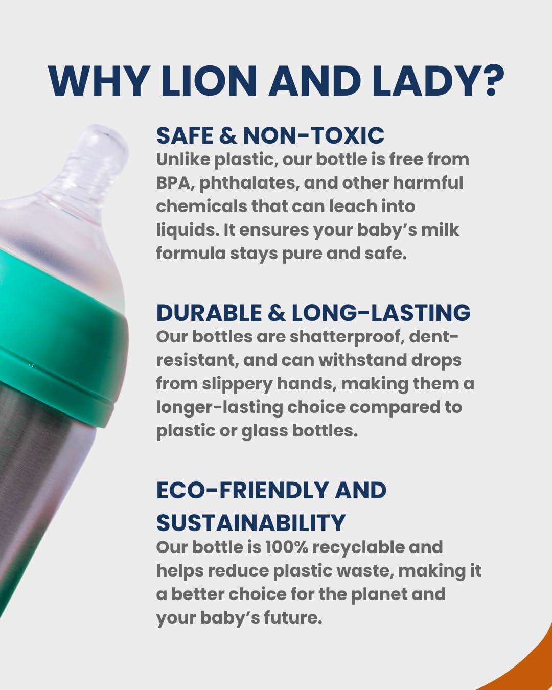 Lion & Lady 18/8 Stainless Steel Baby Bottle - 350Ml (Mint) - French Navy image number 3