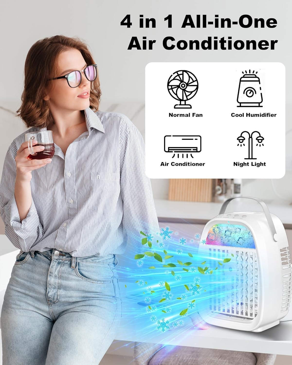 Portable Air Conditioner Fan, 3 Speeds & 2 Mist Modes Quiet & Powerful Air Conditioner Portable 1100Ml Water Tank for Room Home Office Indoor Use, USB Powered Mini Evaporative Air Cooler with Remote