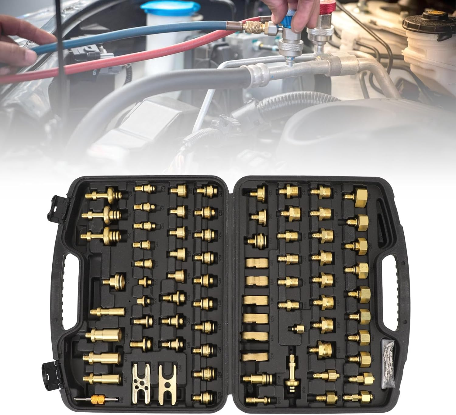 77Pcs Automotive Air Conditioning Test Kit, Brass AC Detection Tools Repair Kit for Car Truck Auto AC Compressor