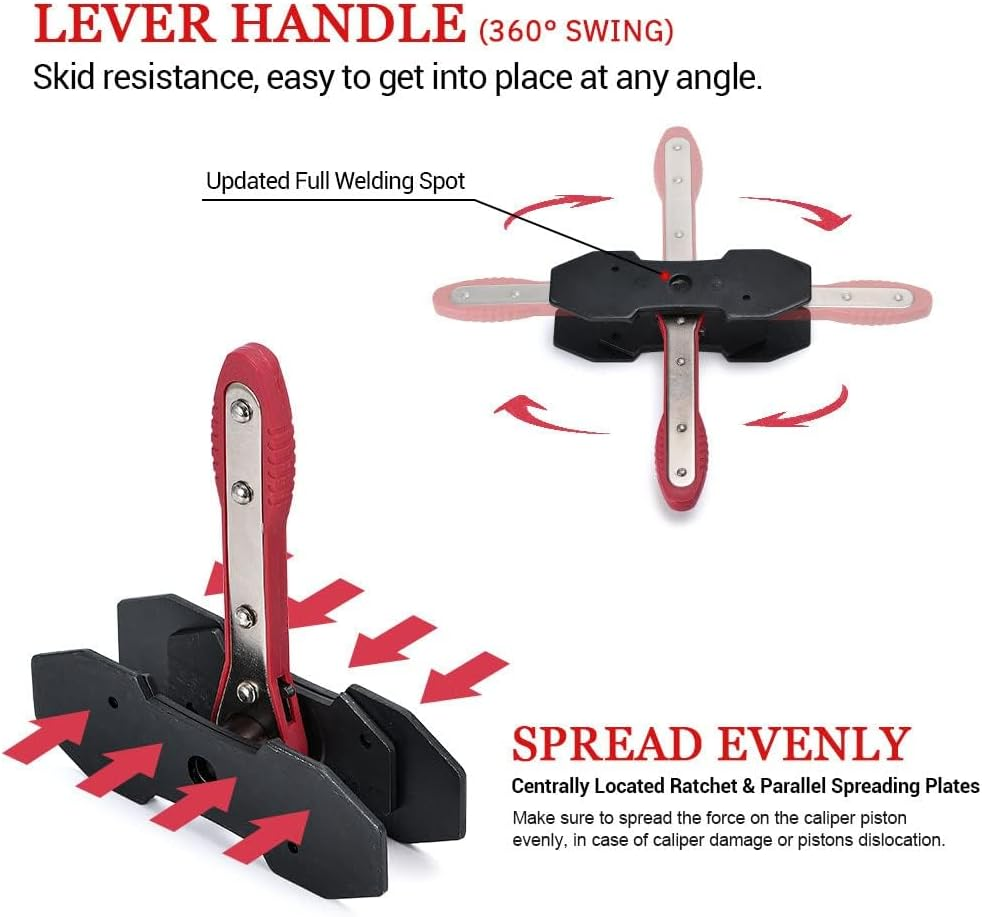 Brake Caliper Press Tool Brake Caliper Compression Tool 360&deg; Adjustable Ratchet Brake Caliper Piston Expander Tool with 4 Caliper Hangers for Brake Piston Disc Brakes Red image number 3