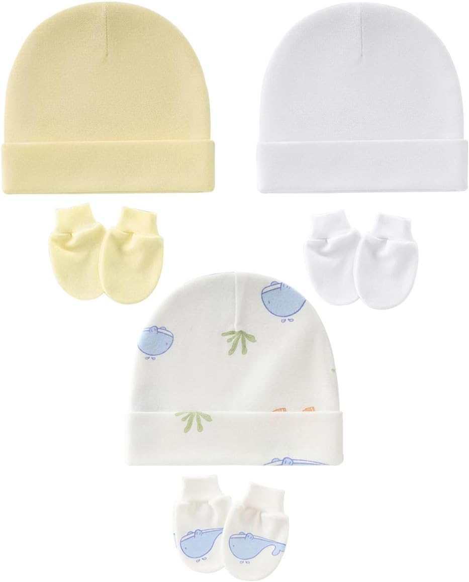 Cotton Newborn Hospital Hat Baby Hat and anti Scratch Mittens Set for 0-3 Months Newborn Baby Boys Girls Essentials Bonnet Infant Beanie Caps and Gloves 6Pcs