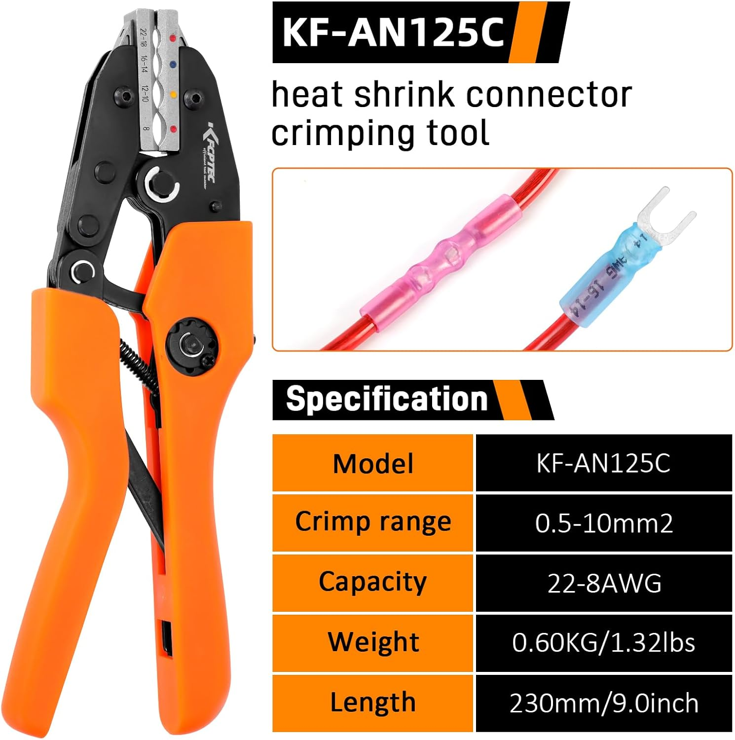KF CPTEC Crimping Tool for Heat Shrink Connectors - Ratcheting Wire Crimping Tool (AWG 22-8 / 0.5-8.0Mm&sup2;) - Perfect Tool for Electrical Repair, Automotive Wiring and DIY Projects image number 5