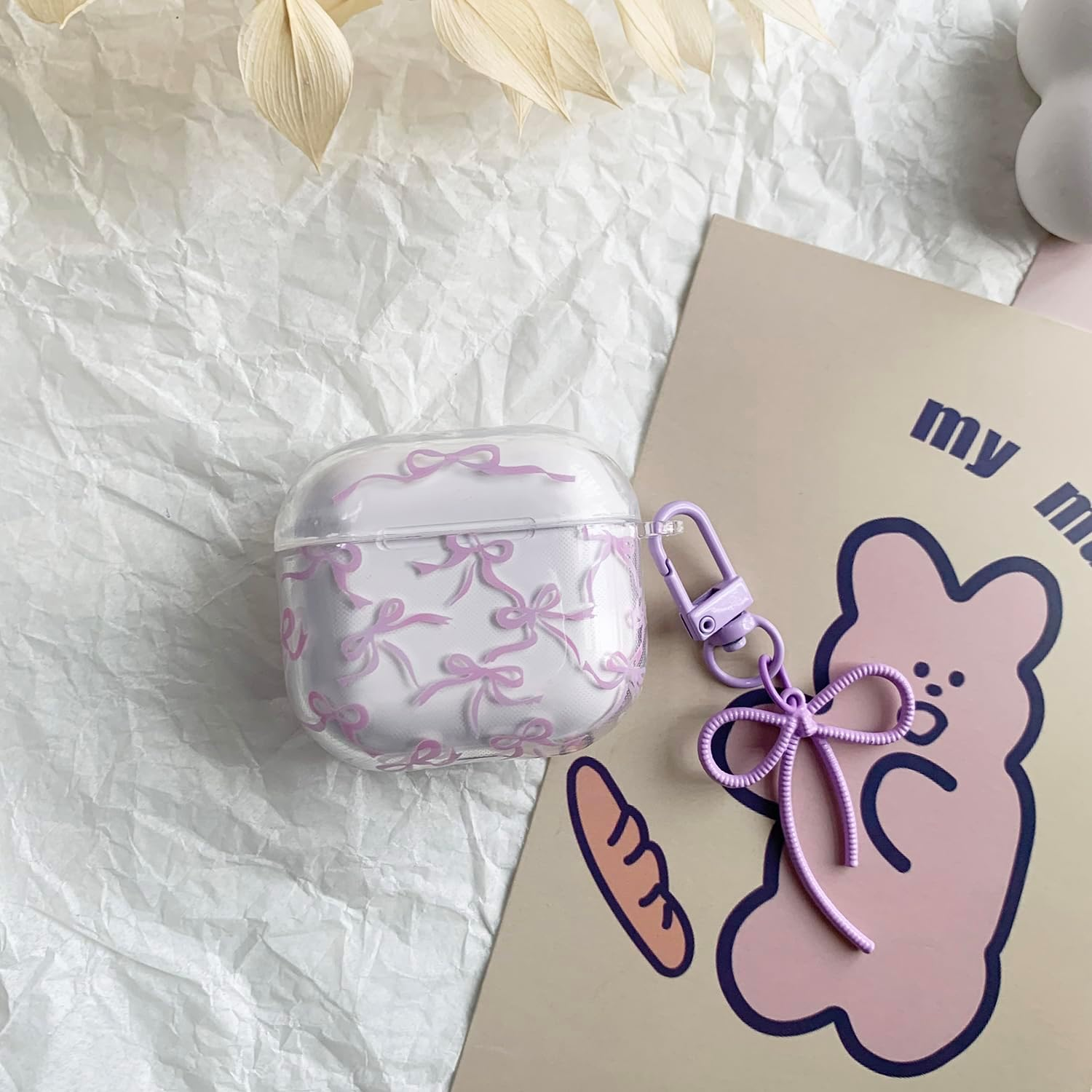 Case for Airpods Pro 2 with Cleaner Kit Soft Cute Bow Pattern Fashion Design Bowknot Aesthetic Shockproof Keychain Headphone Cases for Airpods Pro 2-Purple image number 3