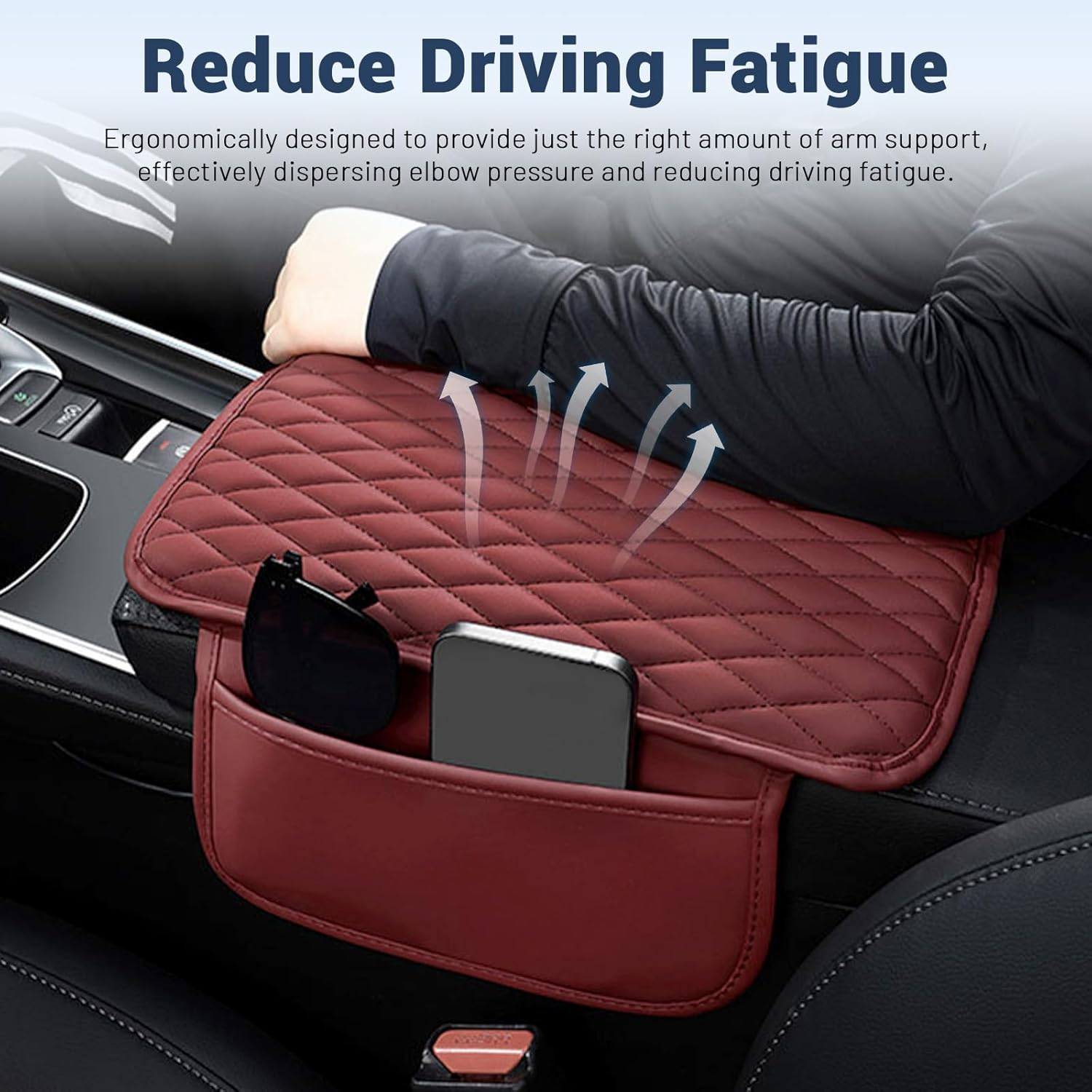 Huakaile Red Car Console Cover, Leather Car Center Console Cushion Pad with Sided Pockets, Protective Car Armrest Cushion for Most Kinds of Vehicles Interior Accessories image number 1