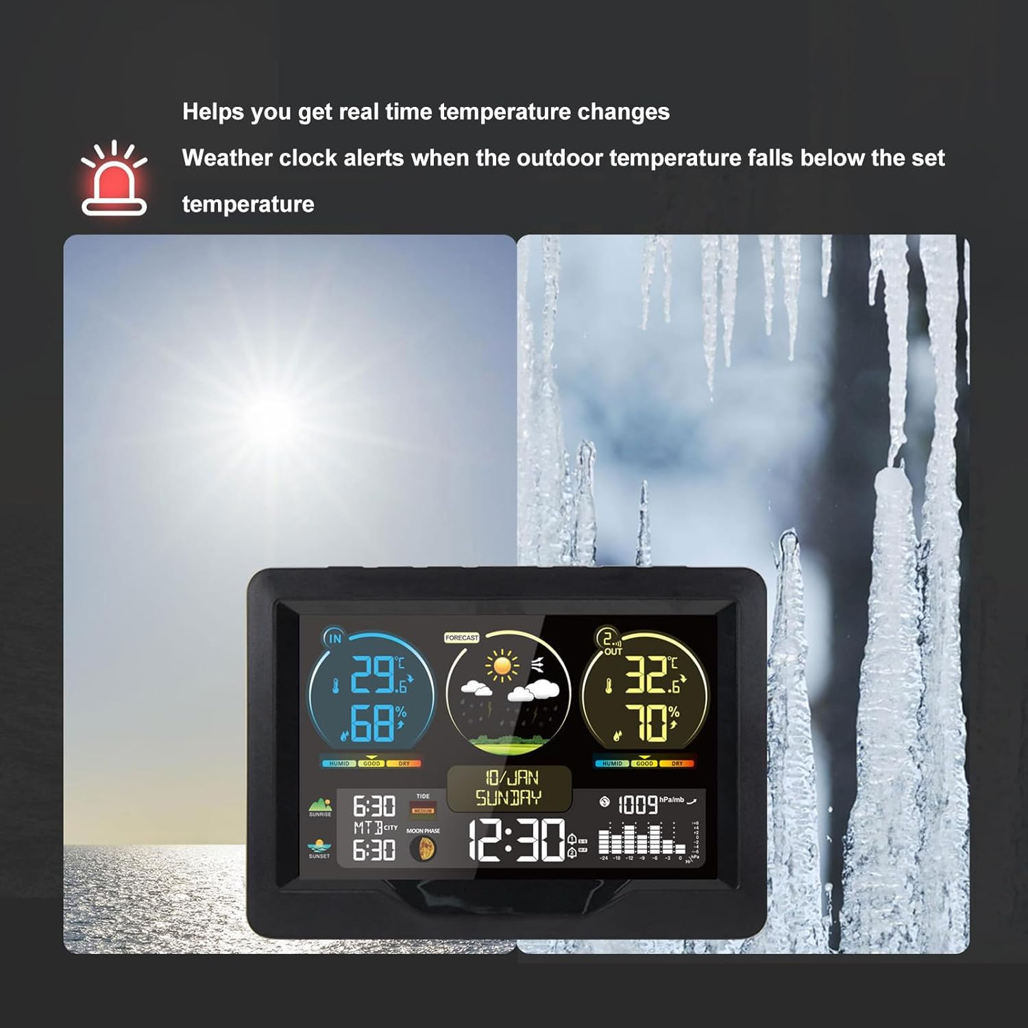 Omabeta 1PCS Digital Weather Station Color Display with Temperature Humidity Monitor/Rain Gauge/Time/Electronic Calendar/Air Pressure/Tide/Moon Phase/Local Sunrise and Sunset Time,16.1 * 11.5 * 3.5Cm image number 1