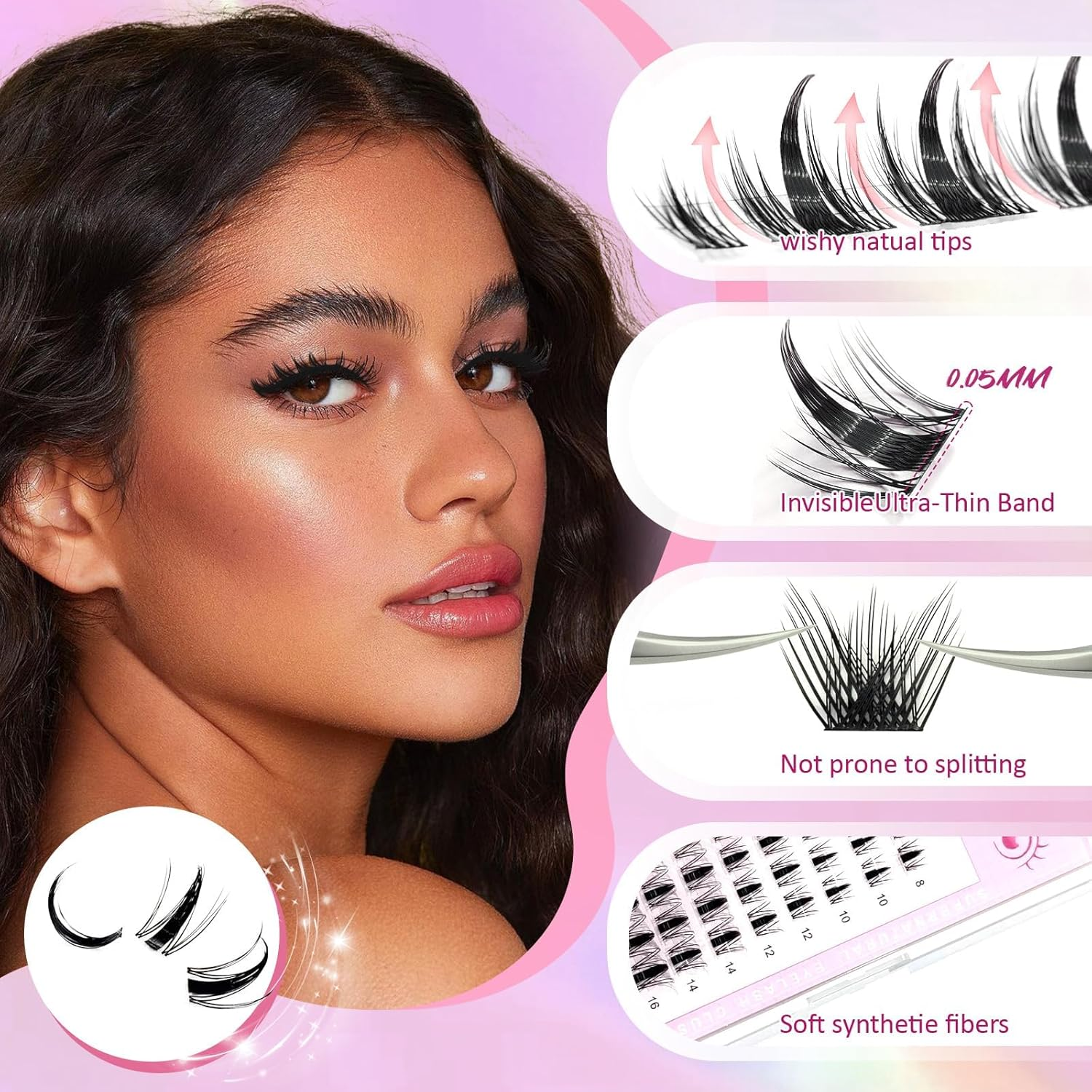 Spiky Cluster Lashes, Wispy 8-18Mm DIY Eyelash Extensions Kit, C and D Curl Pro Cluster & Individual Lashes with Bond, Remover, Applicator, Tweezers,Eyelashes Clusters Kit for Home and Party (Black-Mangga) - Black-Mix image number 2
