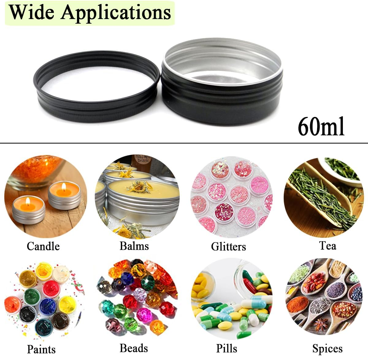 10Pack Aluminum Tin Jars 60Ml, 15Ml Black Empty Container, 30Ml Travel Makeup Tin 100G Pot, 2Oz Refillable Small Cosmetic Cans for DIY Cream Sample Powder Candle Tea Paint Slime (Mixed Size) image number 4