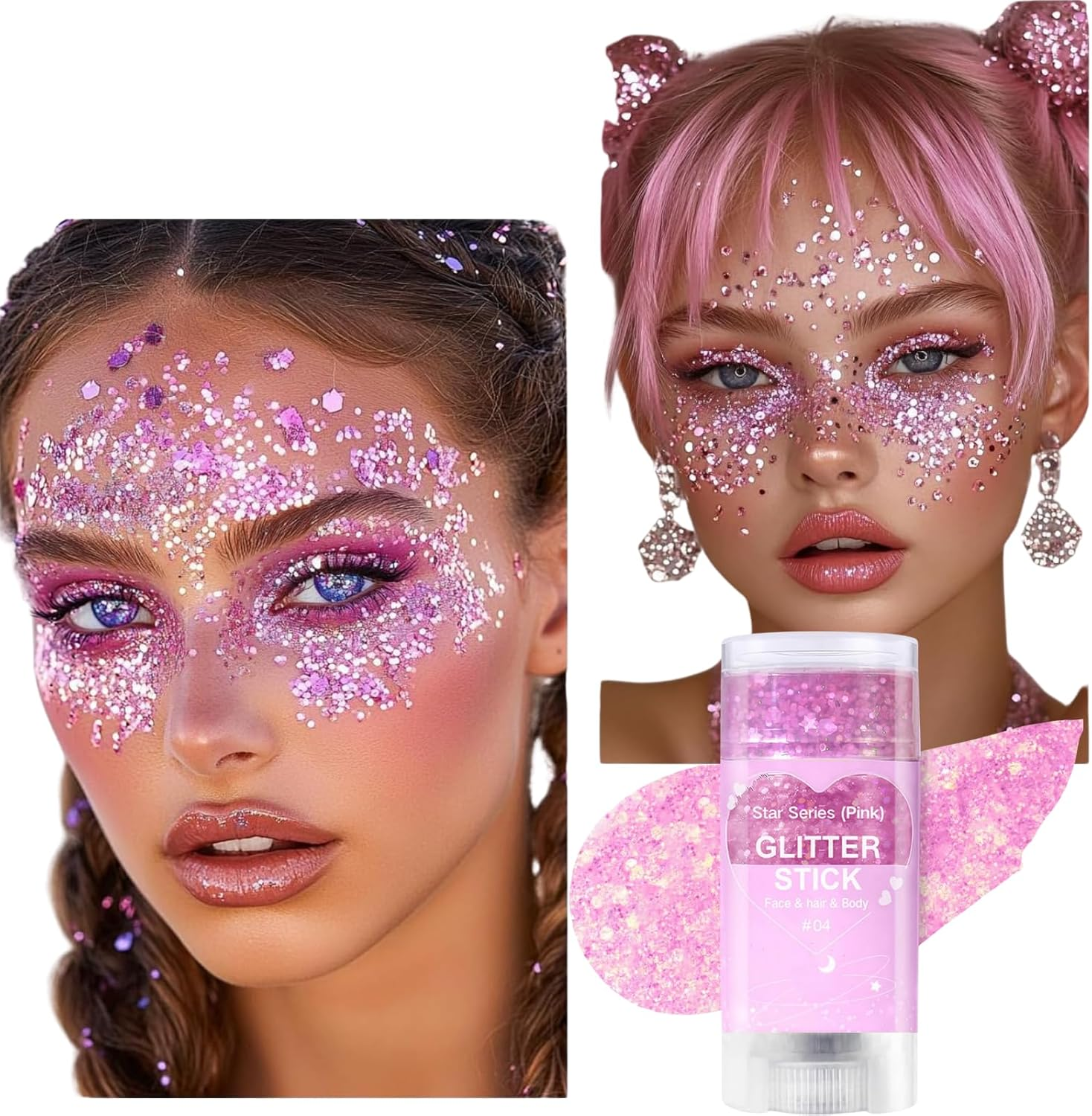 Holographic Body Glitter Gel Stick - Chunky Face & Hair Shimmer, JOMWEN Glue-Free & Waterproof Makeup for Festivals, Raves, Concerts, Halloween Accessories (04 Pink, 1 Pack) - 01 Rainbow image number 3