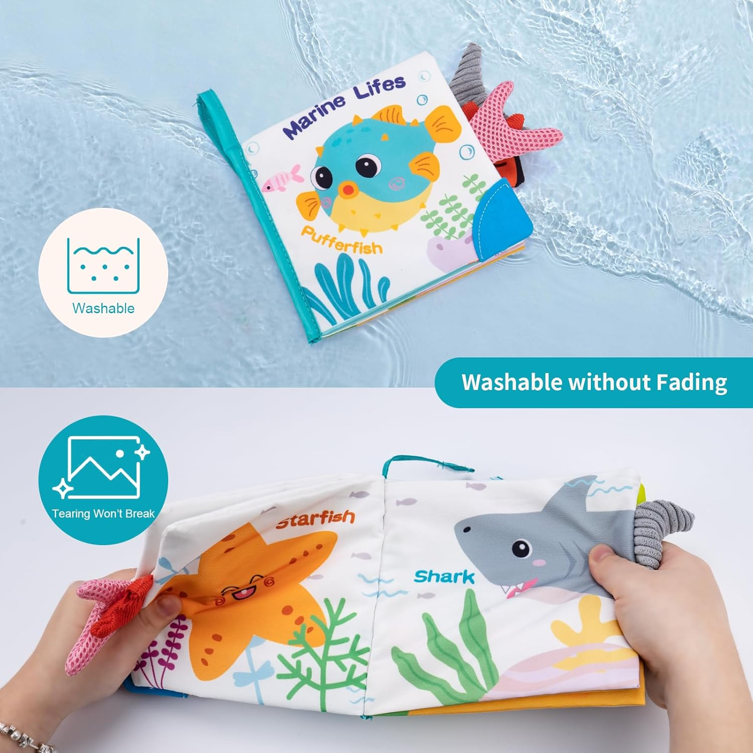 Coolplay Baby Sensory Toys 0-6 Months, Baby Marine Animal Tails Books Toys Crinkle Books 6-12 Months Toddler Soft Cloth Book for Newborn image number 5