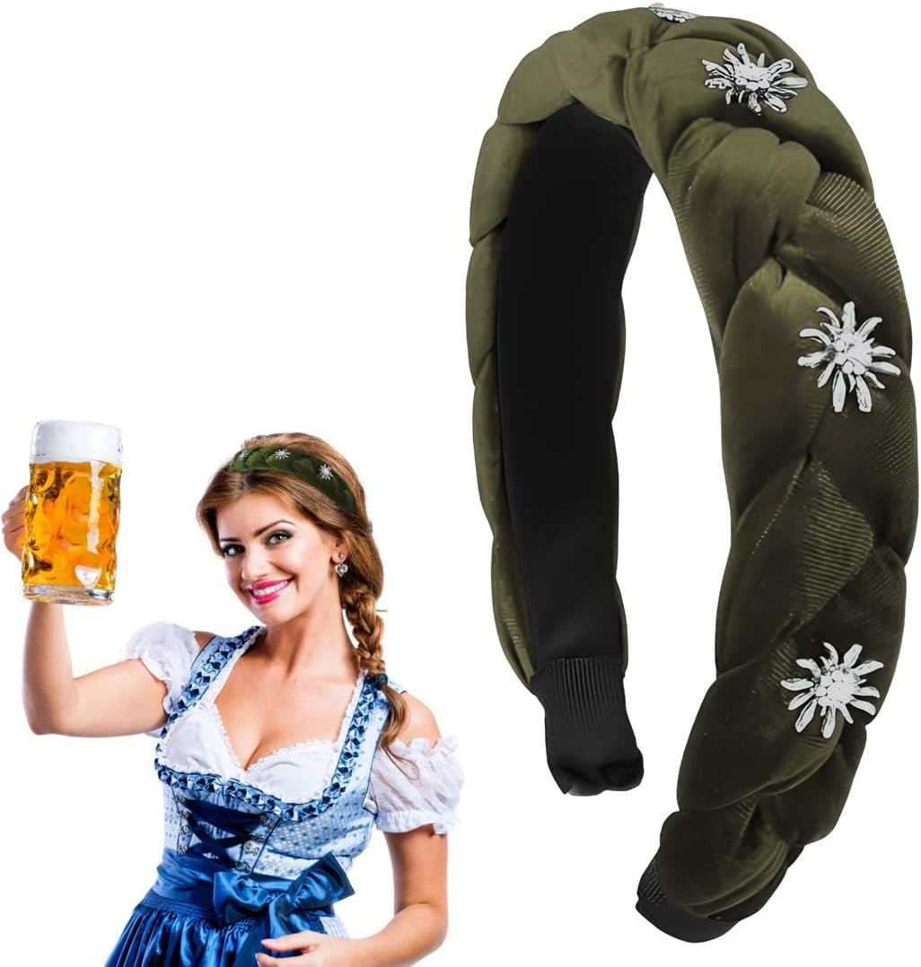 OUDQFCJ Braided Velvet Headband Green for Dirndl Costumes Hair Accessories with Edelweiss for Women Girls Oktoberfest Wiesn Headpiece image number 4