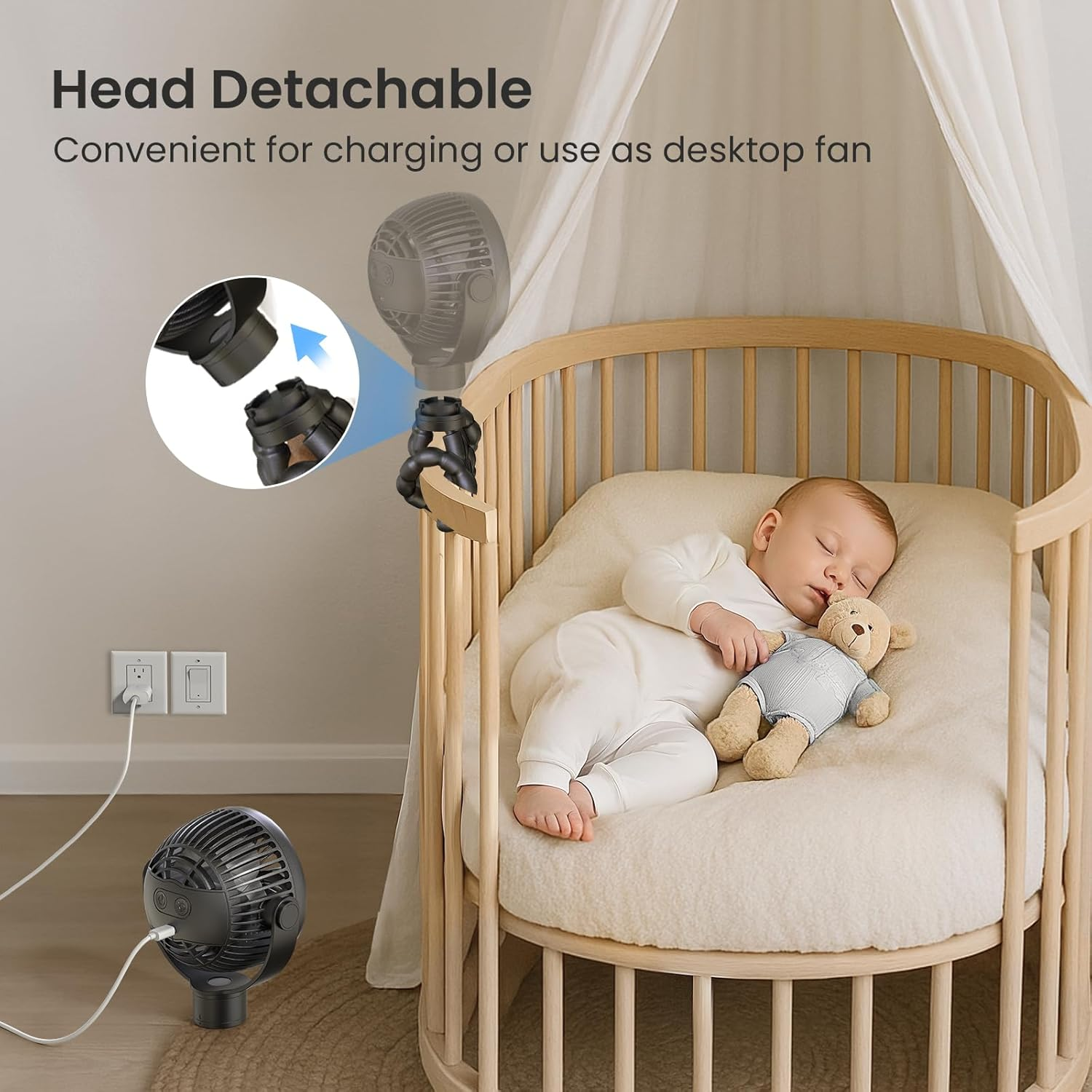 Tripole Portable Pram Fan 4000Mah Rechargeable Stroller Baby Fan 25H Battery Life, Head Detachable Mini Clip on Fans, 4 Speed Personal Desk Fans with Night Light for Car Seat Crib, Black