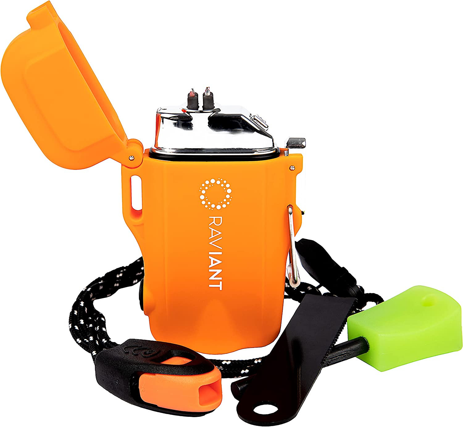 RAVIANT Ligher, Electric Plasma Lighter, Rechargeable Electric Lighter- Flameless Dual Arc Lighter with Emergency Whistle, Flint Rod, and USD Cable for Outdoor Adventures (Orange) [100% Aussie-Owned]