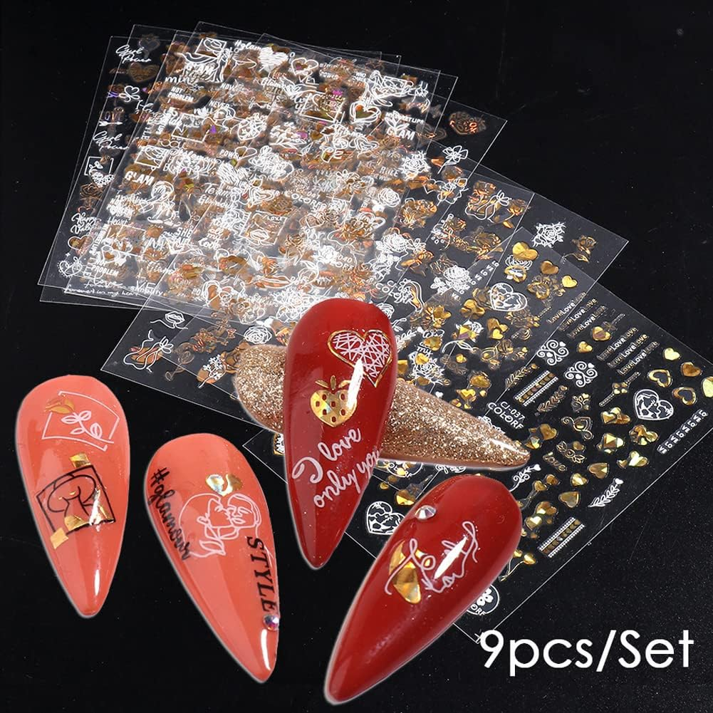 9 Sheets Valentines Day Nail Art Stickers 3D Metallic Black Gold Valentine'S Day Nail Decals Metal Abstract Nail Stickers Love Heart Kiss Rose Lips Designs for Valentines Nail Art Decorations image number 3