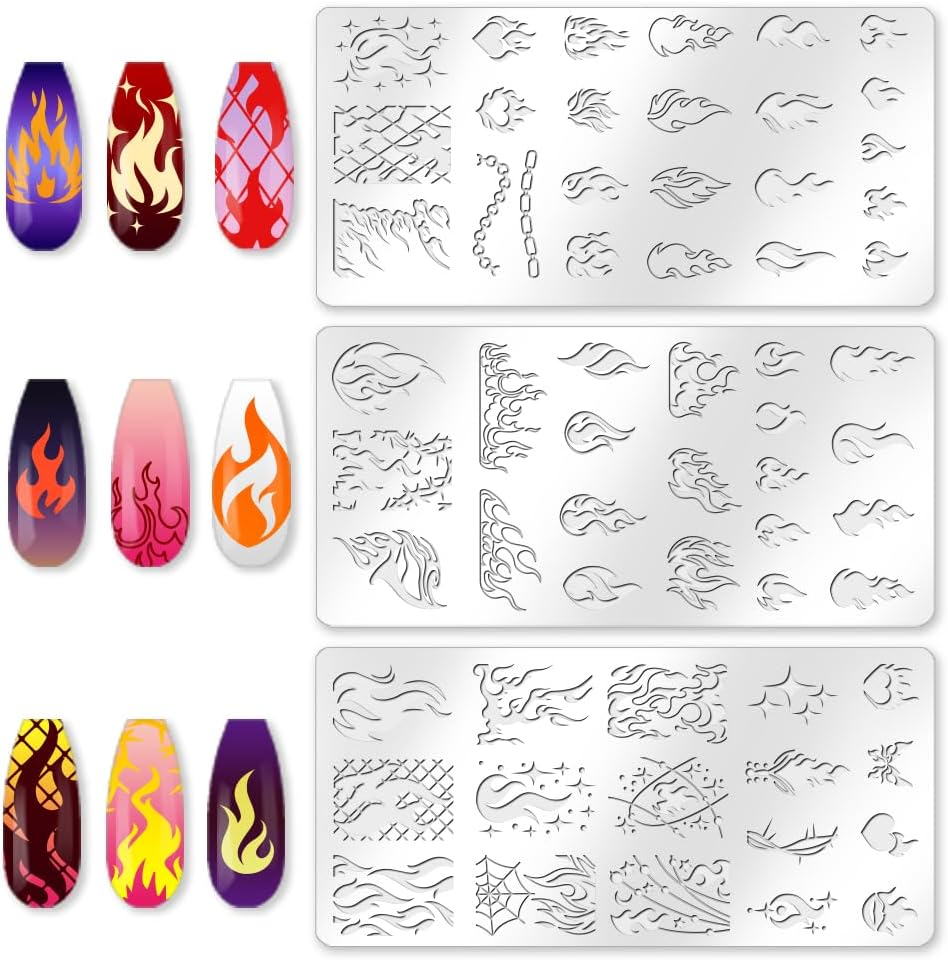 Benikmake 3Pcs Flame Nail Stamping Plate Nail Printing Stainless Stencil for Manicure Salon Fire Element 6X12Cm 2.36X4.7Inch - Fire image number 2