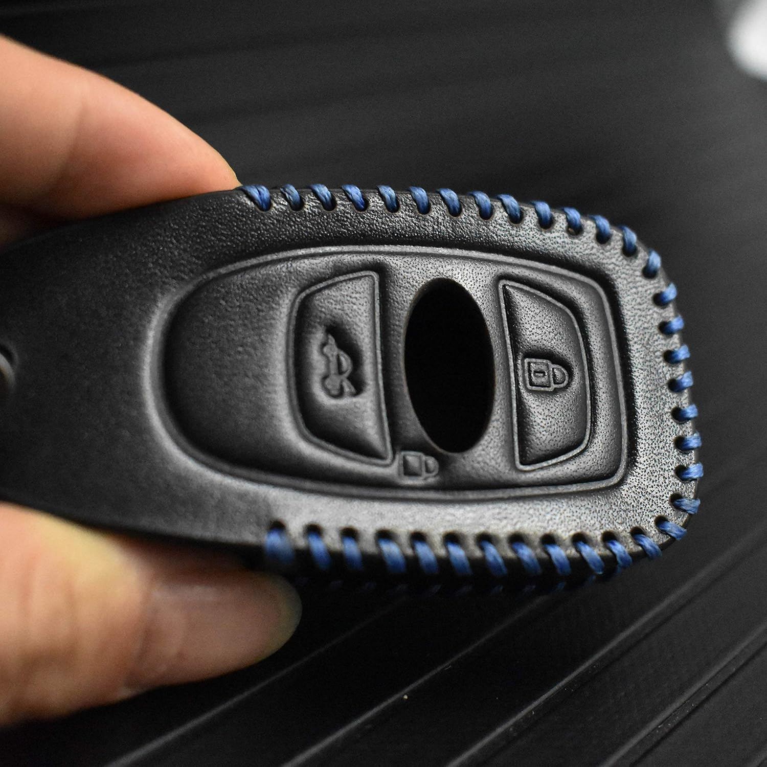Ontto Genuine Leather Keycase Smart Remote Car Key Fob Cover Shell with Keyring Fit for Subaru Outback XV Forester Legecy Keyless Entry Key Skin Protector Blue String