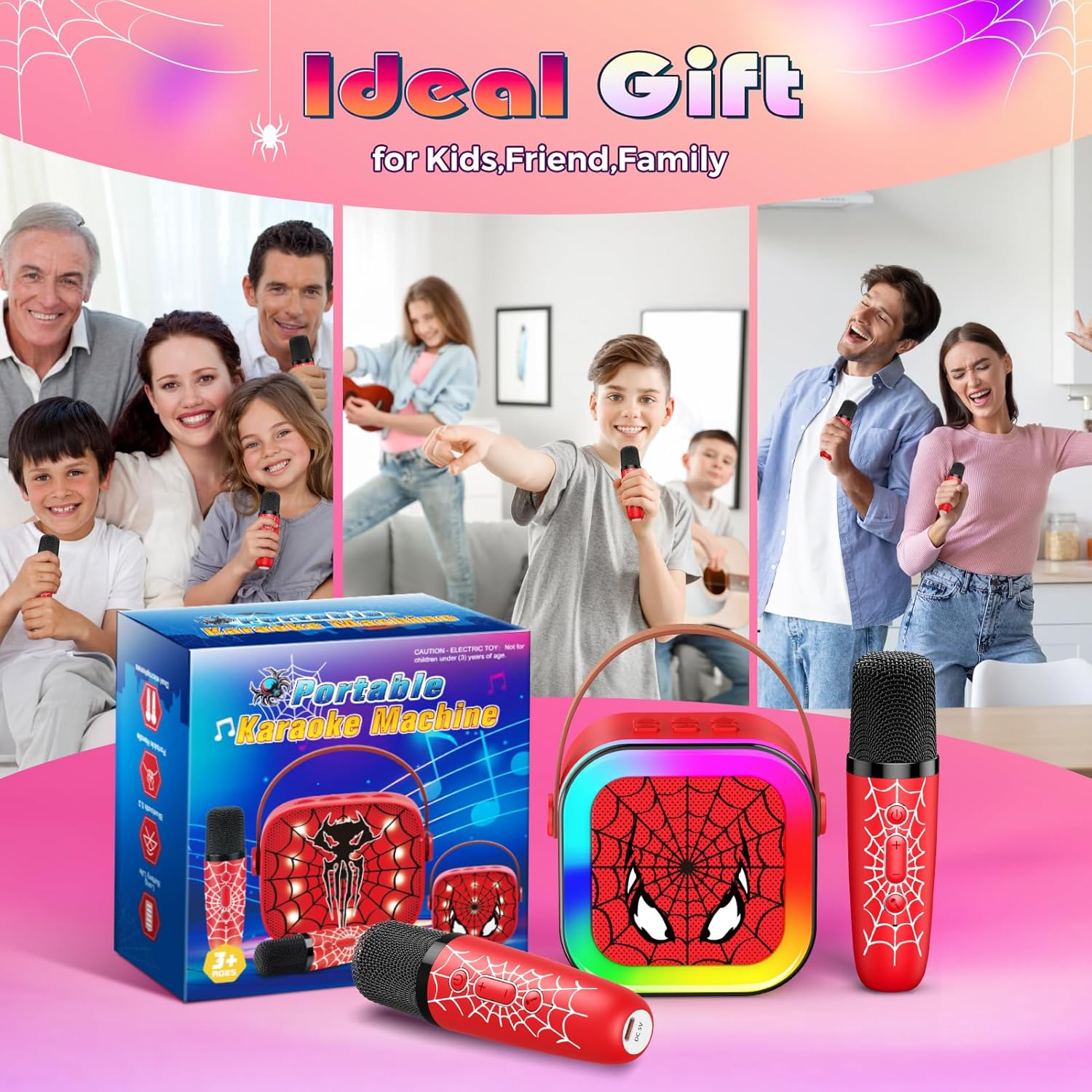 Mini Spider Karaoke Machine Kids, Vingtank Toys for 4 5 6 7 8 9 Year Old Boys Girls Portable Bluetooth Speaker with 2 Wireless Microphones Gifts for 3-5 6-8 8-12 Year Old Boys Girls Adult Family Party image number 4