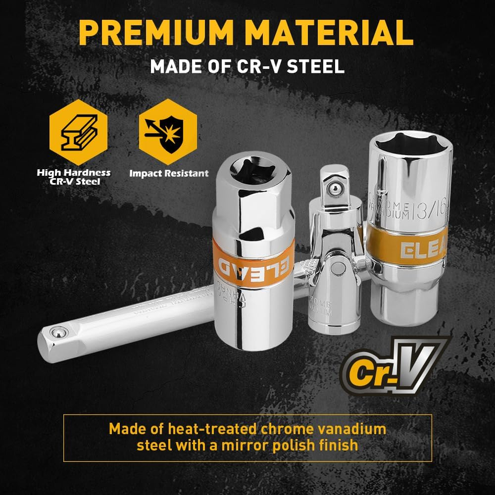 8-Piece 3/8" Drive Spark Plug Socket Set with Universal Joint, Spark Plug Gapper and 6" Extension Bar, SAE & Metric, 5/8", 3/4", 13/16", 14Mm, 18Mm, CR-V Sockets with Rubber Holding Rings image number 2