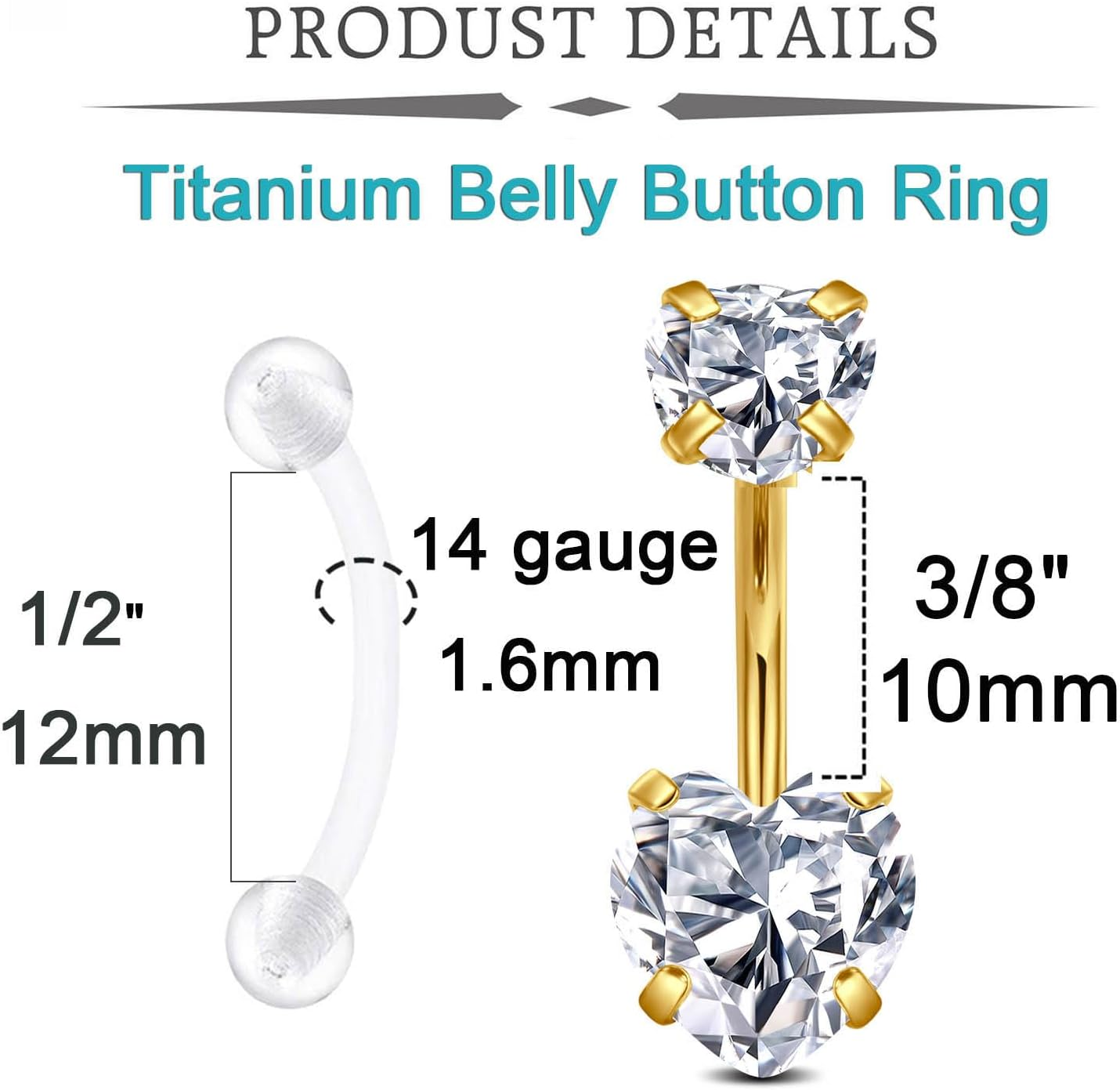 QWALIT Titanium Belly Button Piercing Kit Gold Belly Button Piercing Kits Self Belly Piercings Gun with Surgical Steel Implant Grade Titanium Belly Rings at Home Hypoallergenic Navel Ring Heart, Metal