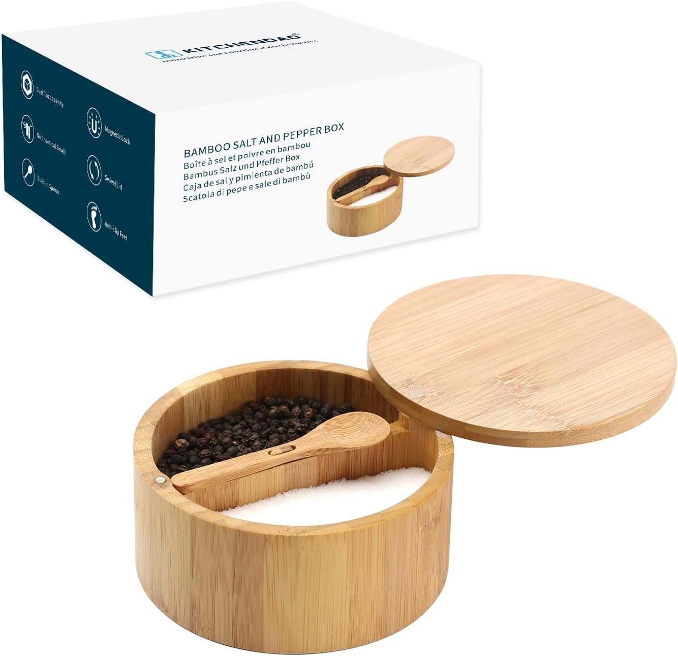 KITCHENDAO Acacia Wood Salt Cellar Bowl Box, Elegant Kitchen Salt Container Holder with Swivel Magnetic Lid to Store Pepper Spice Bath Salt Sea Salt Herbs or Favorite Seasonings, 6Oz