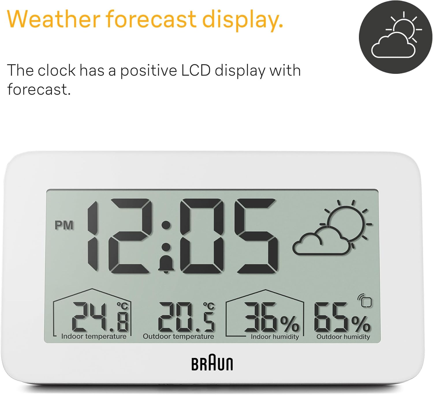 Braun Digital Weather Station Clock with Indoor and Outdoor Temperature and Humidity, Forecast, LCD Display, Quick-Set, Crescendo Beep Alarm in White, Model BC13WP. image number 3
