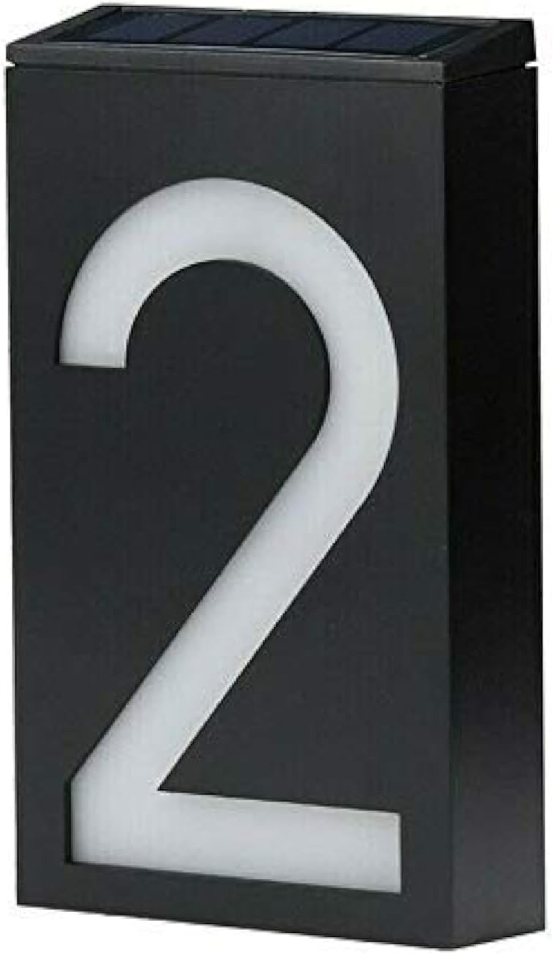 LED Solar House Number Light, Garden Numbers Solar Powered Address Sign LED Illuminated Outdoor Plaques and Wall Art Lighted up for Home Yard Street (Digit 2)