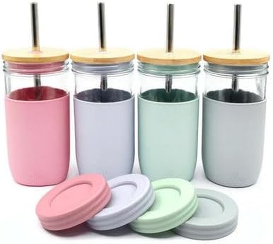 Elk and Friends 24Oz Glass Mason Jar &ndash; Pack of 4 | Bamboo Straw Lids + Stainless Steel Straws | Smoothie + Iced Coffee + Bubble Tea Cups | Glass Cups with Lids and Straws | Dishwasher Safe
