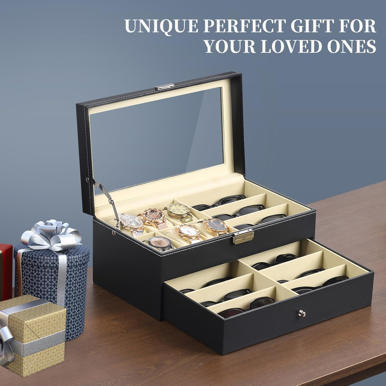 AUTOARK Leather 6 Watch Box Jewelry Case and 9 Piece Eyeglasses Storage and Sunglass Glasses Display Drawer Lockable Case Organizer,Black,Aw-048 image number 4