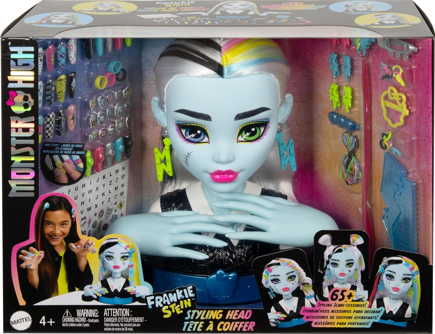 Monster High Frankie Stein Doll Head for Hair Styling with 65+ Accessories Including Wear & Share Nails, Hair Ties, Barrettes and Stickers image number 1