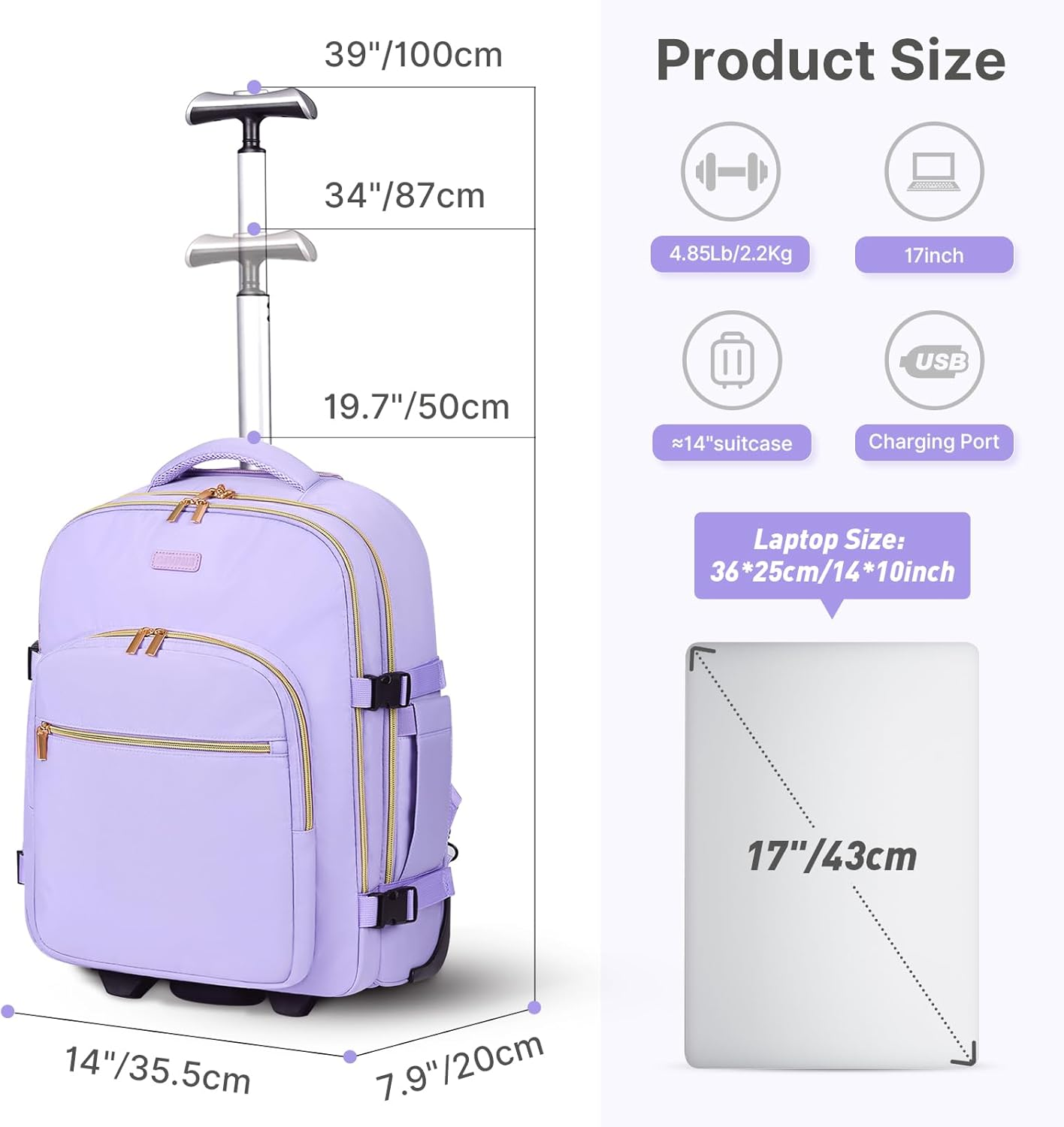 DEVPNR Rolling Backpack for Women, 17Inch on Laptop Travel Backpack with Wheels, under Seat Airplane, Overnight Business Bag image number 3