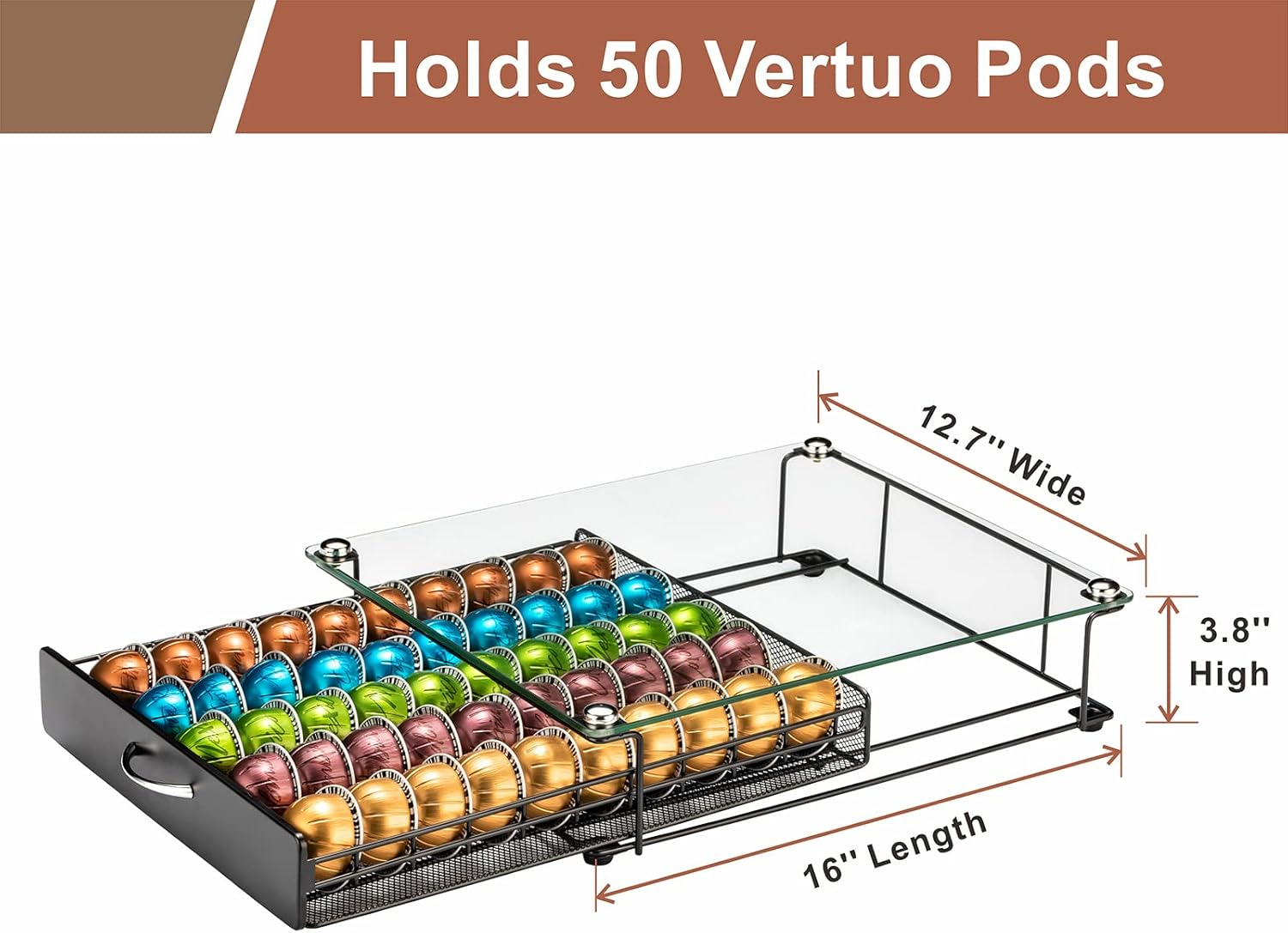 Rice Rat Coffee Vertuo Capsule Holder Drawer for Nespresso with Glass for Cabinet Vertuoline Pod Storage Rack for Counter (Class-50 Pods（With Handle）) image number 2
