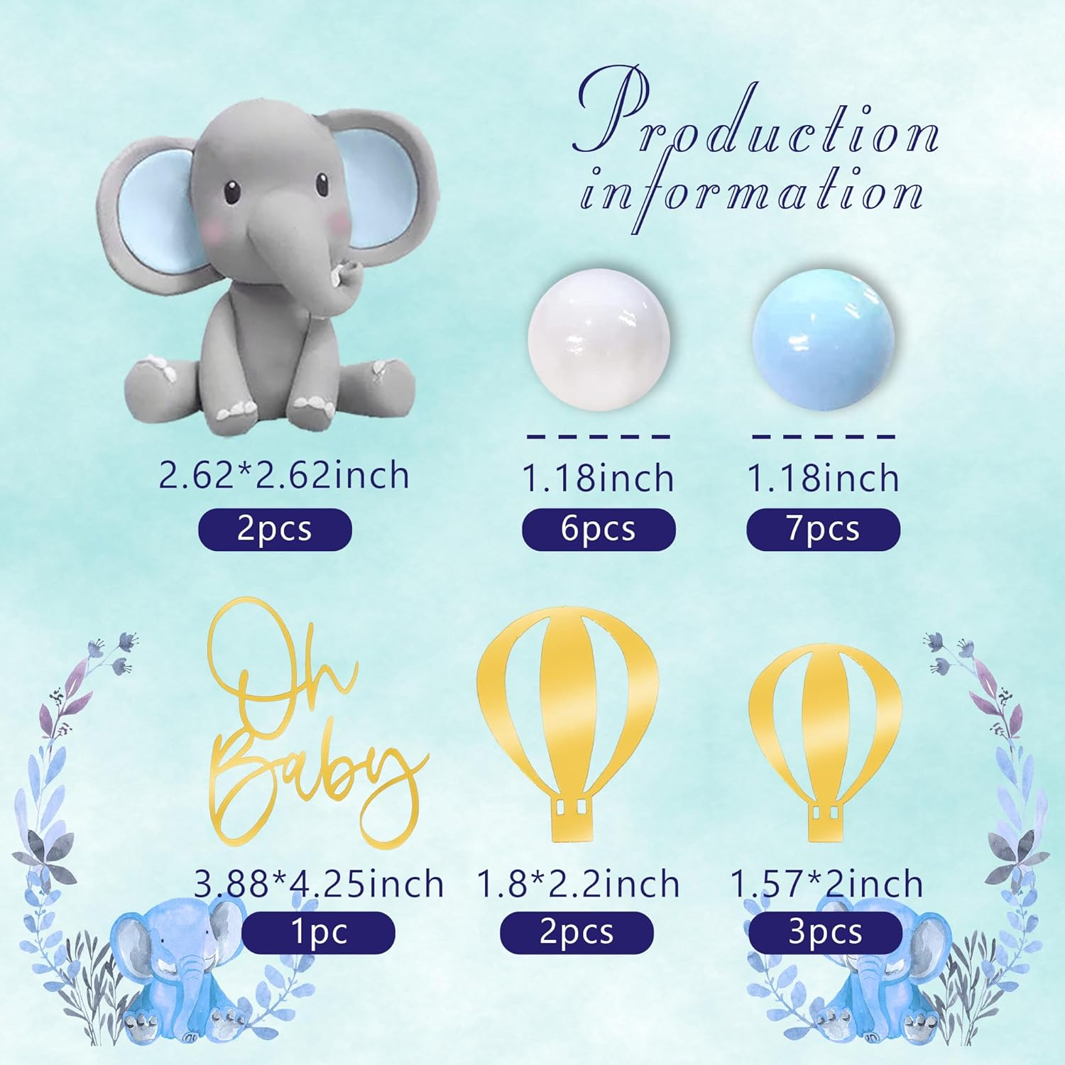 Elephant Cake Decoration with Mini Elephant Oh Baby Cake Topper Blue White Pearl Balls Hot Air Balloon for Baby Shower Boy Elephant Theme Birthday Party Supplies (BLUE)