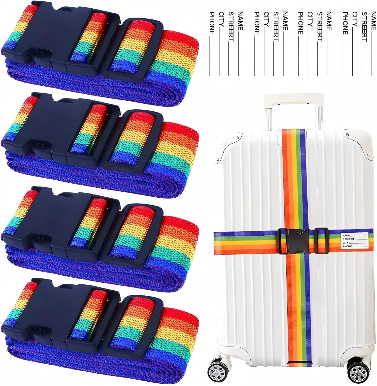 Luggage Straps for Suitcases 4 Pack Rainbow, 2M Adjustable Travel Suitcase Belt Carry Bag for Connecting Your Luggage, Non Slip Luggage Belt Strap with with Name ID Card to Secure Bag Cargo Safe