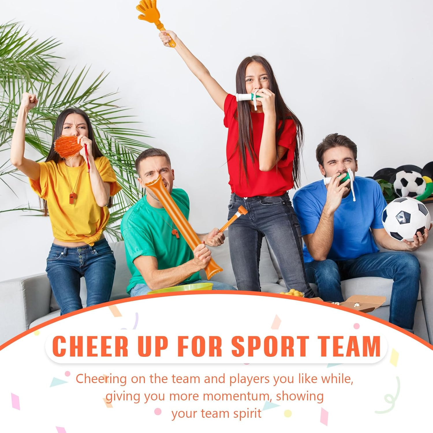 48 Pcs Cheerleading Pom Poms Thunder Sticks Hand Clappers Plastic Whistles with Lanyards Squawker Horns image number 1