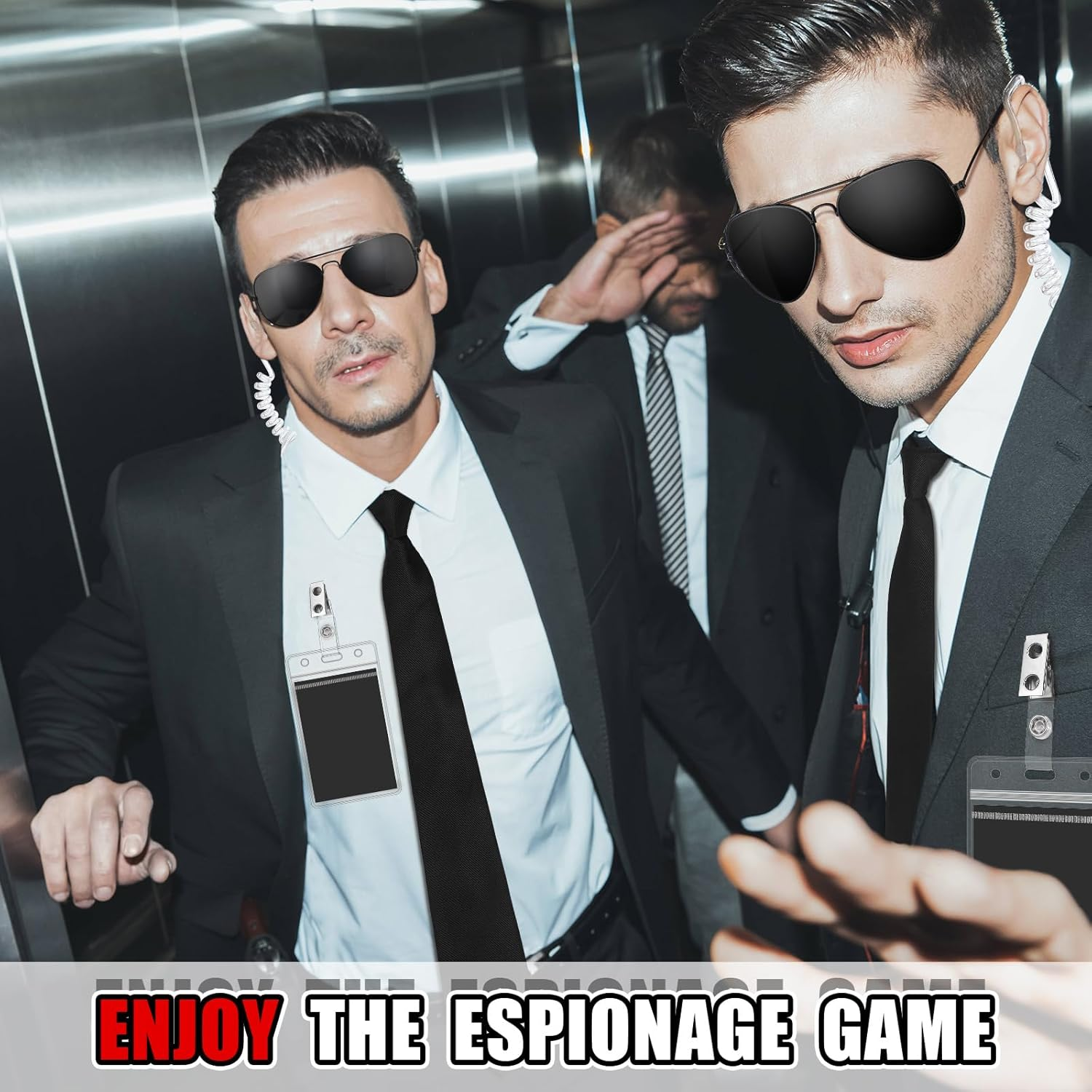Mepase Set of 8 Agent Costume Set Secret Security Guard Costume Adjustable Pre-Tied Zipper Tie ID Badge Prop Black Sunglasses Earpiece for Men Halloween Party Cosplay Game, Black image number 4