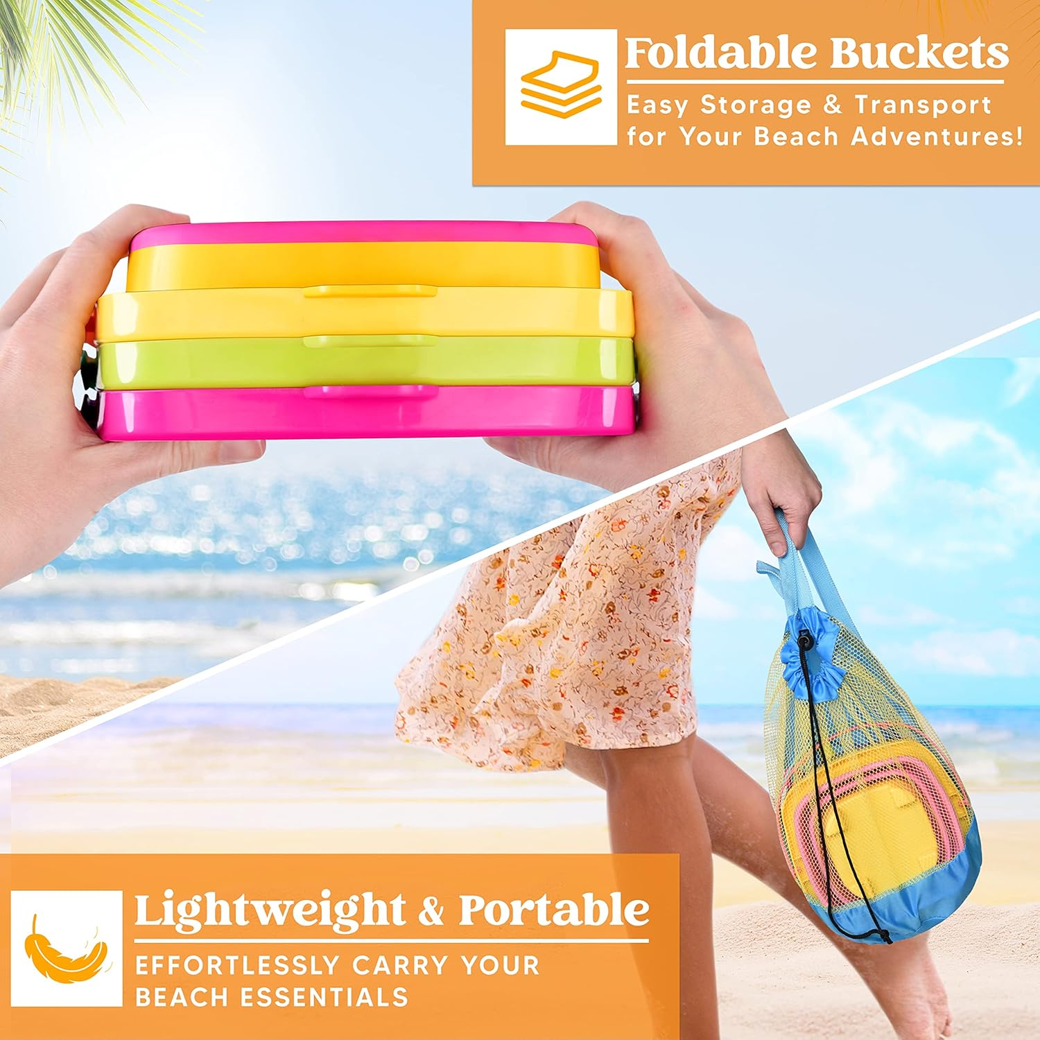 Sloosh 3 Packs Beach Bucket - Collapsible Bucket with Sand Shovels and Mesh Backpack for Kids Toddlers Beach Toys, Easter Egg Hunt, Camping, Travelling and Fishing Water Pail image number 1