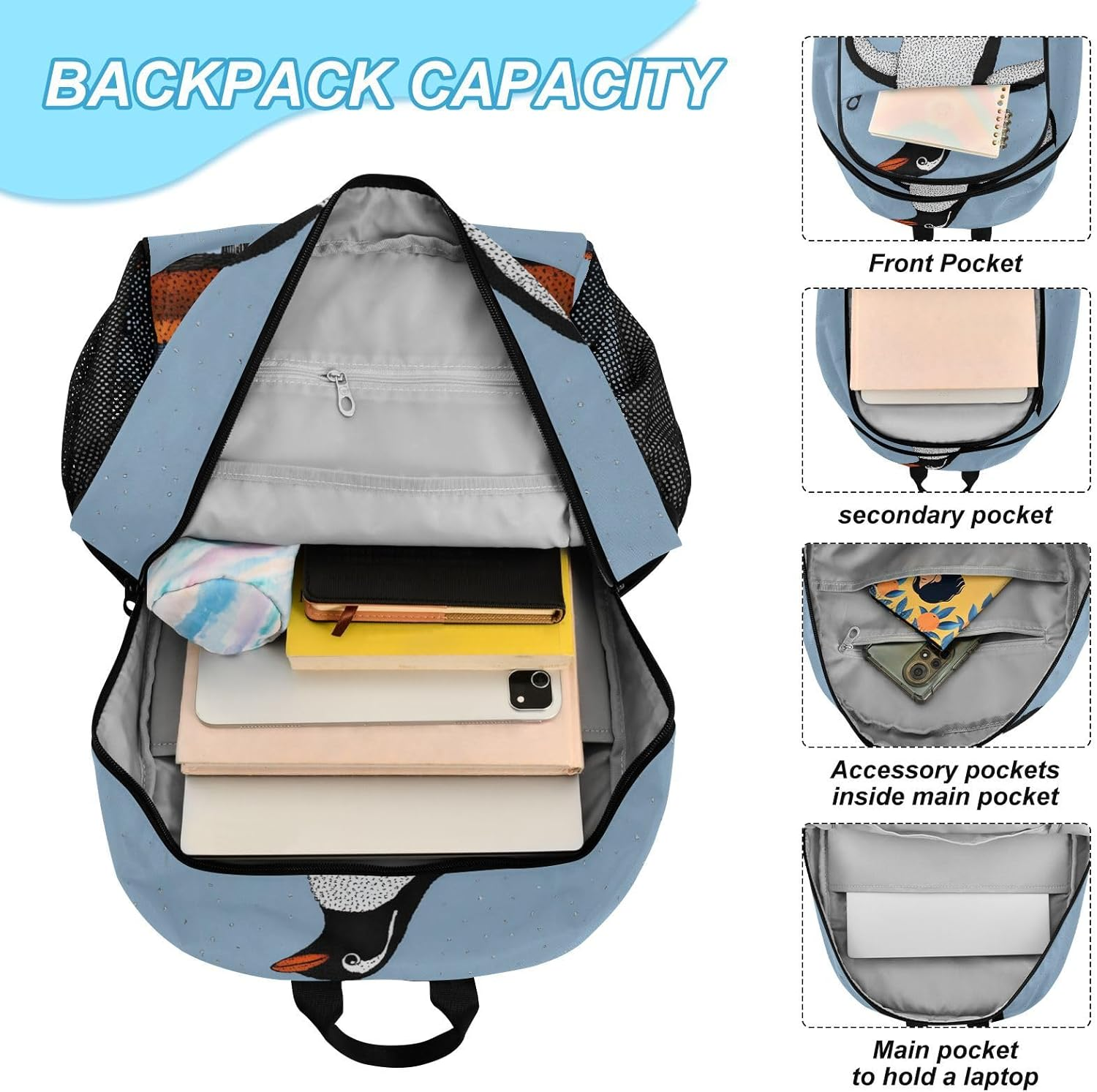 QGBYMX Backpack Penguin Jump Cute for School Girls Boys, Backpack for Women Men, Lightweight Bookbag with Lunch Box Travel Laptop Daypack 18.5&rdquo; X 11.8&rdquo;, Multi-Colored, One Size, Travel Backpacks image number 5